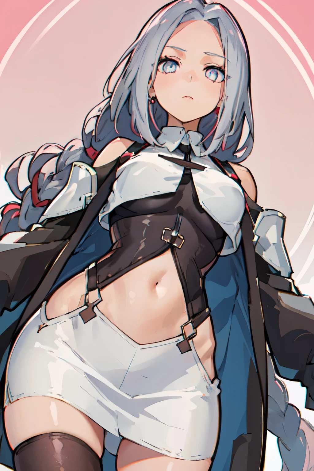 1girl, young woman, solo, long hair, big hair, (forehead:1.2), Lilac eyes , (Soft pink hair), small breasts, neutral, red lipstick, (overcoat, black coat, open coat:1.2), white shirt, collared shirt, (chest harness, shoulder strap:1.15), black leather shorts, garter belt, gloves, from below, elegant, looking at viewer, standing, chromatic aberration, (close-up to face:1.3), face only masterpiece, Isometric lighting, pastel background, best quality, 4k