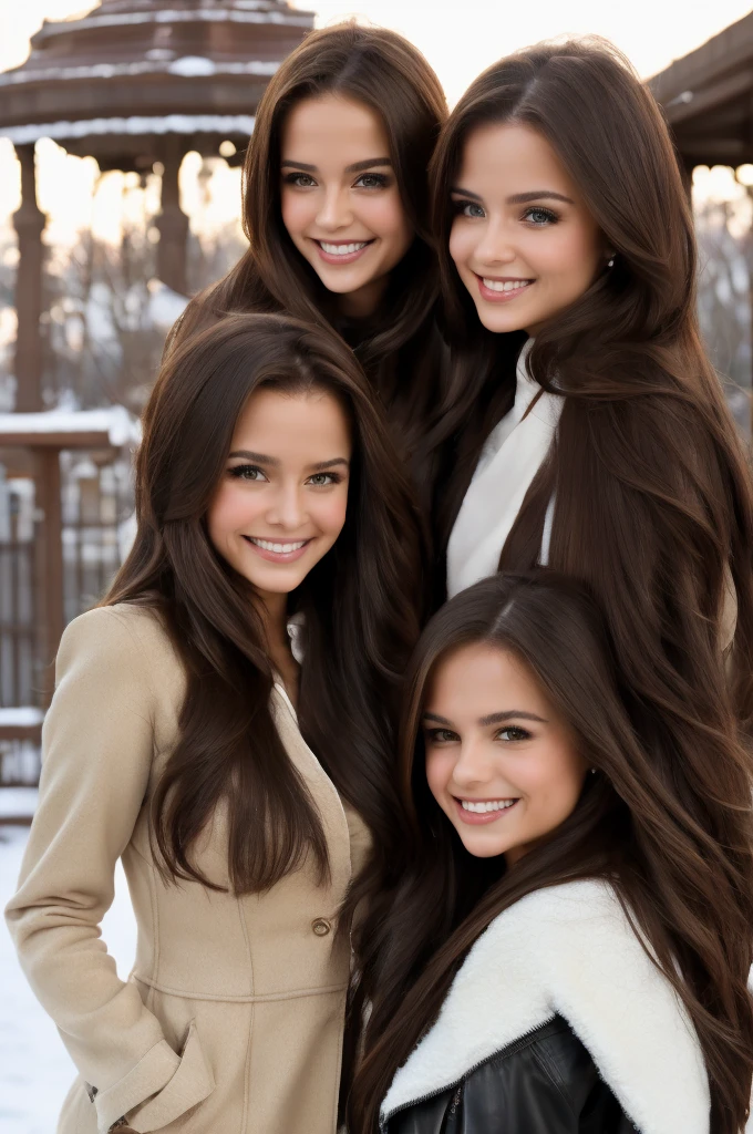 Professional photograph, best quality, 8K, hyper detailed, half body, A close up portrait of two gorgeous, beautiful, wonderful women, argentinian, peruvian and russian females together posing for the camera. Women have super long hair, argentinian girl has brown hair, peruvian girl has brunette hair, and russian girl has light brown hair. They are wearing winter outfits, They are wearing leather jackets. The three girls are wonderful, dream, ethereal, timeless, majestic beauties from Argentina, Perú and Russia, two hispanics and one slavic dream beauties who comes to the hearts. They're glad, smiling and enjoying a day at park in winter. True friendship, they pose happy for the camera. Railway station at background.
