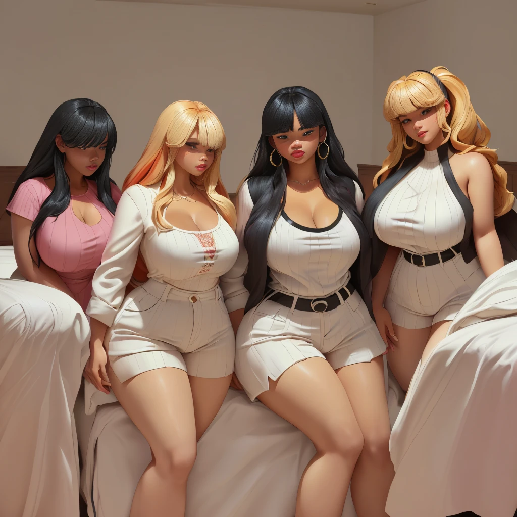 female、1 male、(european:1.2)、(blonde)、(Super beautiful)、(beautiful face:1.5)、30 year old womanl、gray blazer、(short skirt)、white shirt、large bedroom inside mansion (A single black man laying on his back, in-bed wearing shorts, in-center of composition) A diverse group of five young adult Americans, representing different ethnicities and characteristics, wearing yoga-pants and tank-tops, displays their unique beauty with perfect bodies, large breasts, wide thicc-hips, Among them, there are blonde young adult girls with auburn hair, emanating an air of natural elegance. Brown young adult girls with silky locks and a captivating sheen show off their exotic beauty. Also present are black young adult girls with stunning curly hair, highlighting their authenticity and cultural pride, (the women surround a singular BLACK MAN with short-hair, from all sides) (in a bed) the women kiss the singular Black Man, touch the singular Black man, masterpiece, high details, high quality, best quality.