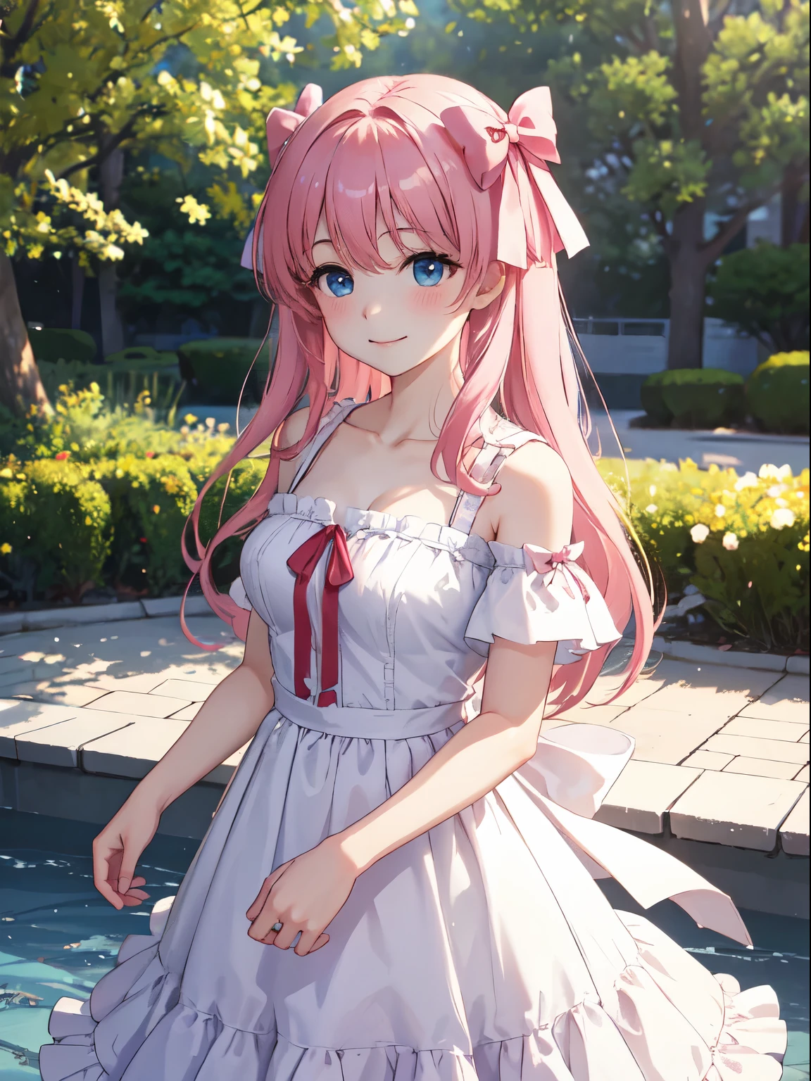 High resolution, highest quality、super high quality,3D Images, nodoka haramura, blue eyes, Hair bow, Long Hair, Pink Hair, bow, beautiful flower々Park in full bloom、Standing、smile、Closed Mouth、White long skirt、Absolute reference to the center、Cute no matter who looks at it、clavicle,Absolute reference to center、whole body、Cowboy Shot