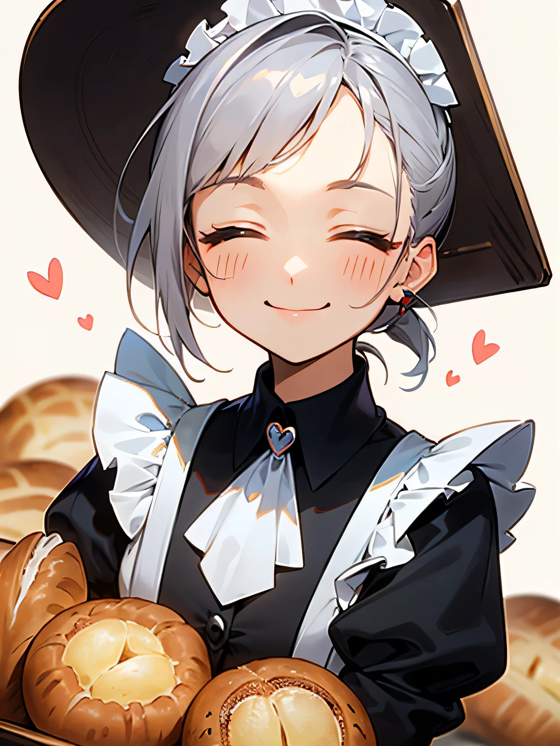 solo,upper body,close up face,long thin
silver color ponytail, mini skirt maid, classic bakery, creative bread, pant tray, displayed bread, closed eyes smile, smiling mouth, heart world,
