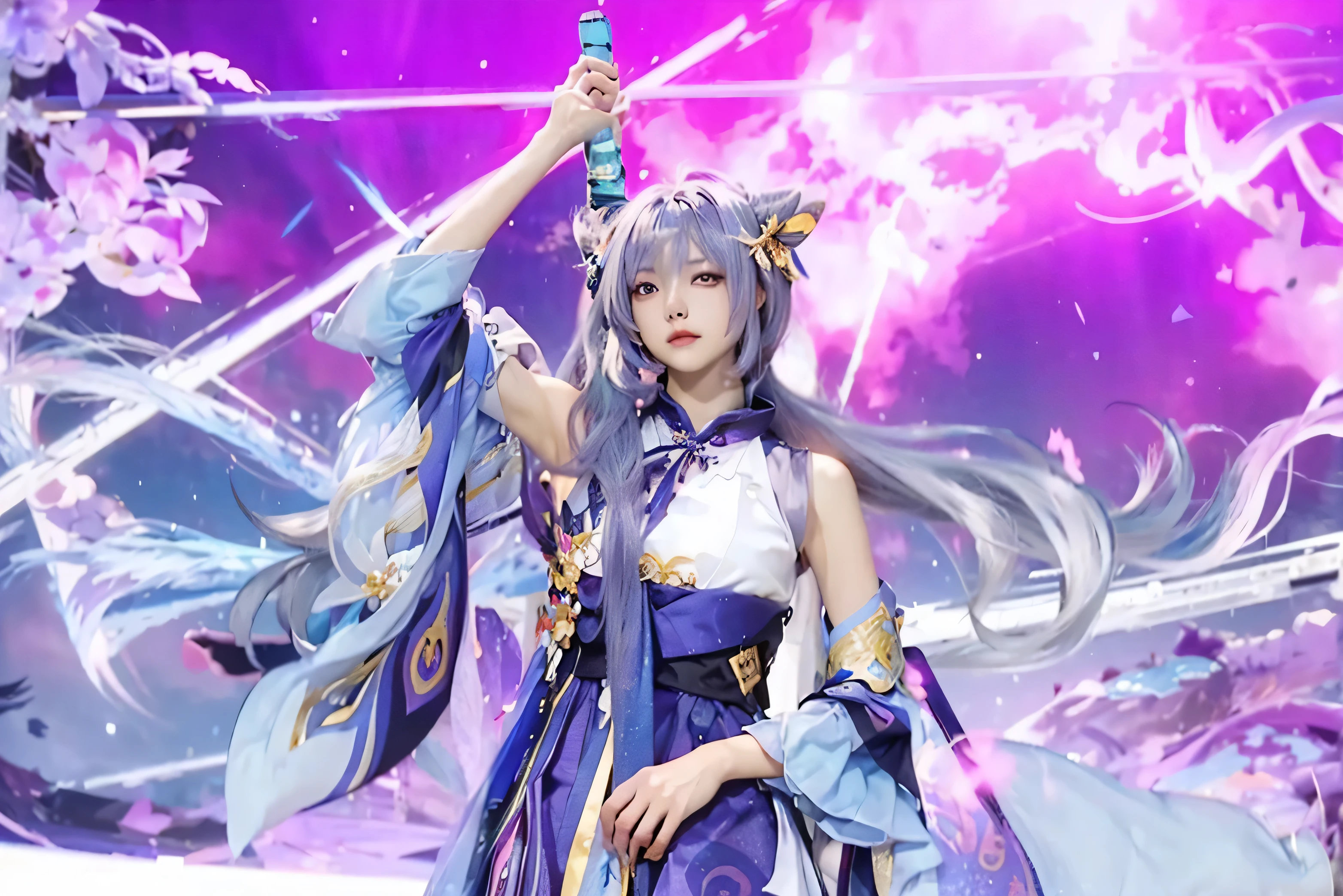 ((Genshin Impact)), ((Keqing)), ((Focus on the hips)), (black tights:1.2), traditional beauty, gorgeous chinese model, draped in purple and blue silk, with beautiful exoticism, purple hair, violet eyes, cat ears on top of head, By bicycle, soft fluffy soft landscape forest snowy avatar pastel pink sky green blue glitter ethereal light pastel pastel whimsical light rainbow stars diamonds sparkling gem background hyper realistic Ultra quality cinematic lighting Huge detail Full HD painting Well lit, from on the side, Masterpiece, Best Quality, Real Skin,(Portrait:1.5), 1girl, Long hair,（RAW photos，best qualtiy），（realisticlying，photograph realistic：1.3），best qualtiy，highly  detailed，tmasterpiece，Hyper-detailing，illustratio，1girll，The upper part of the body_Body，dynamic angle，Masterpiece Theatre of the World，Messy_Long_Hair，best qualtiy，extremely detailed CG unity 8k wal，ink，astounding，cinmatic lighting，lens_flare，Chinese style，Purple hair，strict，Purple thunderbolt,Holding a sword,