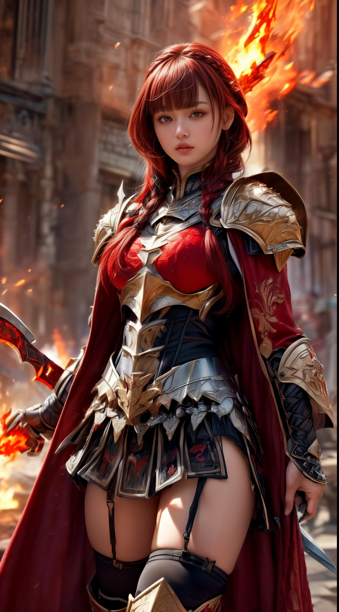 Very beautiful Swedish women、Slender women、(Detailed face)、Realistic Skin、((Knight of Fire)), (((Crimson armor:1.25)))、((((非常に繊細で繊細な装飾が施されたCrimson armor:1.5))))、((Delicate photo)),(Girl Astepeace RAW Photo Details:1.25), (highest quality:1.6), (超A high resolution:1.5), (Realistic:1.75), 8K resolution, Canon EOS R5, 50mm, Absurd, Ultra-detailed,Cinema Lighting,Battlefields of Medieval Europe、((battle))、RPG World、Final Fantasy、(((Embellished skirt)))、Thigh-high socks、Shin Guards、((Dark Red Hair))、((Very short bangs))、((Braid))、(Six-pack)、Torn Cloak、Beautiful Armor、(((Giant Sword)))、In combat、The wind is blowing、(((Inferno filling the entire area)))、(((Leading a large group of red knights)))、(((Knight Commander)))、(Armor with a Phoenix motif)、(((Fire blaze)))、(((Intense action scenes)))、(((Crimson Phoenix)))、((nsfw:1.1))、