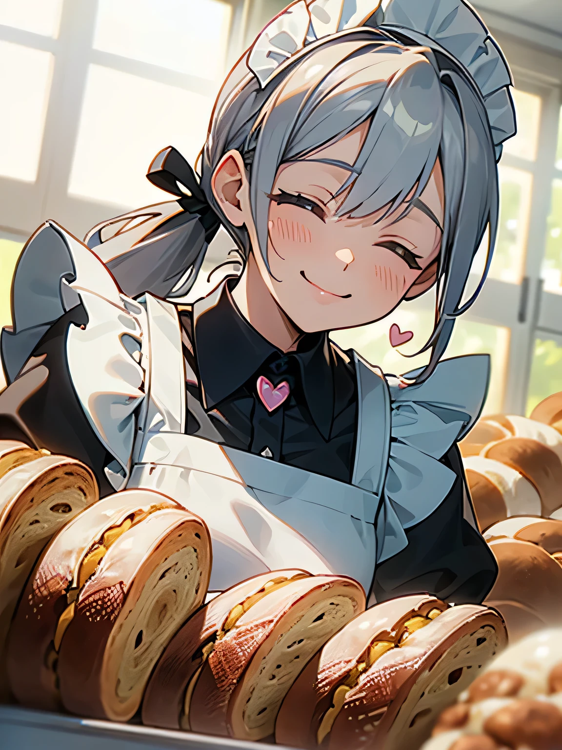 solo,upper body,close up face,long thin
silver color ponytail, mini skirt maid, classic bakery, creative bread, pant tray, displayed bread, closed eyes smile, smiling mouth, heart world,