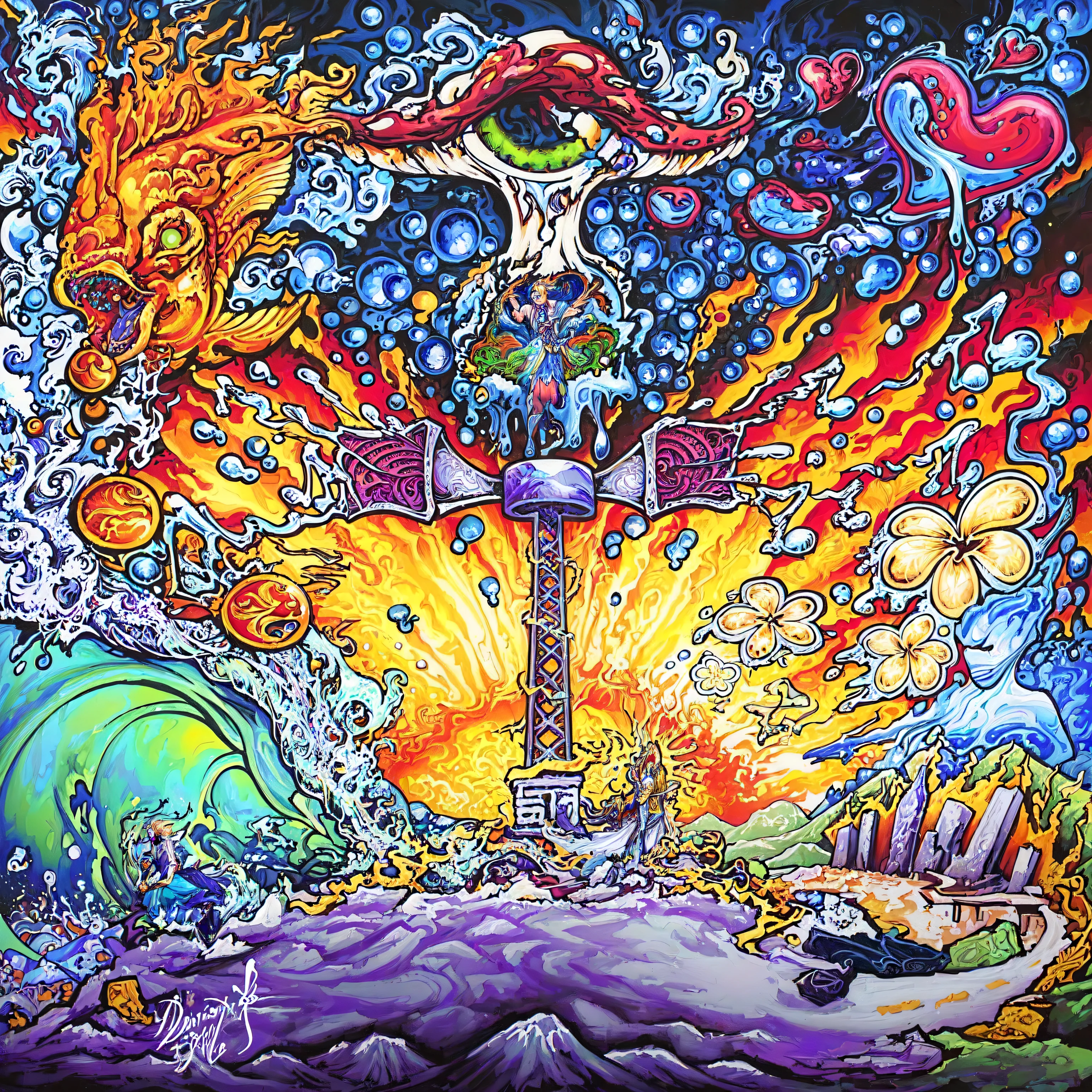 A painting,Painting of a man surfing in the sea, Chris Dale, highly detailed fantasy art, hyper detailed fantasy art, fantasy art style, android jones and Chris Dale, Psychedelic Artwork, Psychedelic Art品, hyper - detailed fantasy art, Psychedelic Art, Psychedelic Journey, fantasy art, Psychedelic, shamanism poster lsd art, Psychedelic Art