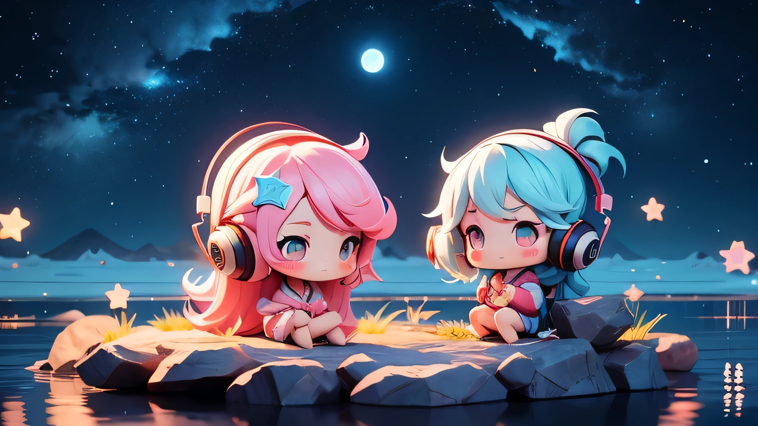 lOfiMusic　Japanese anime style　No person　earphone　Warm lighting　Night sky seen from the lake、Many Stars、