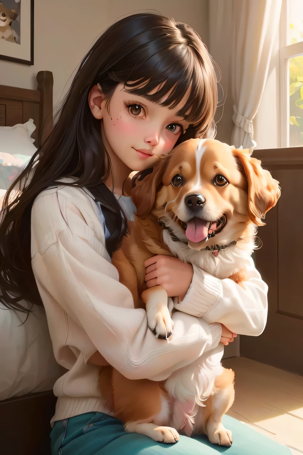 There is a girl sitting on the bed holding a dog, Adorable digital painting, Cute digital art, Cute dog, Realistic art style, Realistic painting, High-quality portraits, Realistic cute girl drawing, Gweiz-style artwork, Cute realistic portrait, Young and pretty girl, ultra Realistic painting, , cute beautiful, Cute and detailed digital art, Cute and adorable