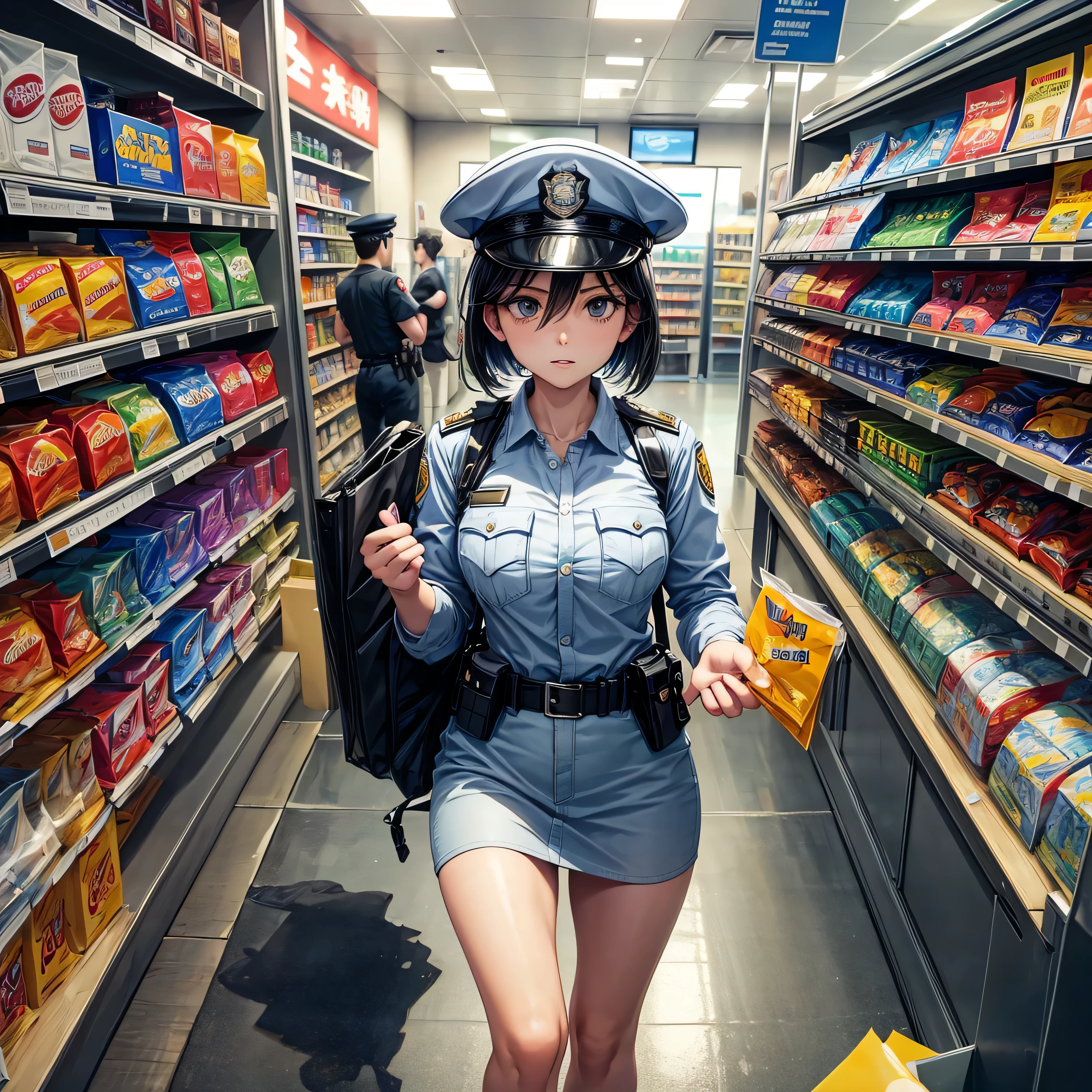 A cartoon-like touch, （A full view of a strong-looking female police officer shopping at a convenience store）, Completely naked, masterpiece, High resolution, Masterpiece