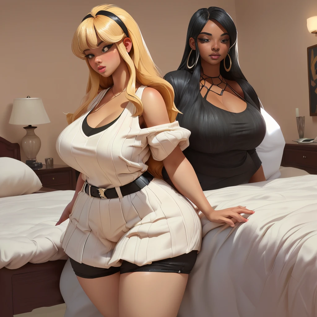 female、1 male、(european:1.2)、(blonde)、(Super beautiful)、(beautiful face:1.5)、30 year old womanl、gray blazer、(short skirt)、white shirt、large bedroom inside mansion (A single black man laying on his back, in-bed wearing shorts, in-center of composition) A diverse group of five young adult Americans, representing different ethnicities and characteristics, wearing yoga-pants and tank-tops, displays their unique beauty with perfect bodies, large breasts, wide thicc-hips, Among them, there are blonde young adult girls with auburn hair, emanating an air of natural elegance. Brown young adult girls with silky locks and a captivating sheen show off their exotic beauty. Also present are black young adult girls with stunning curly hair, highlighting their authenticity and cultural pride, (the women surround a singular BLACK MAN with short-hair, from all sides) (in a bed) the women kiss the singular Black Man, touch the singular Black man, masterpiece, high details, high quality, best quality.