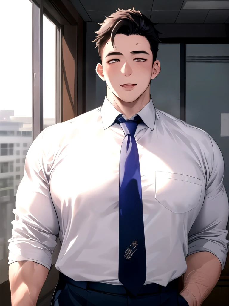 One boy, Face Focus, Adult, sexy, highest quality, employment, Detailed face, office, Building seen from the window, Detailed Background, Diffused sunlight, Written boundary depth, Bokeh、(Very saggy breasts、Huge and very heavy pectoral muscles:1.3)、hentai、BL、Boys Love、Muchimuchi、Blue Y-shirt、Salaryman、Attractive face、A man with a cute expression、plump, Sensual lips、Sensual look、Korean Man、The shirt is buttoned、tie、Hairstyles that expose the forehead、Big eyes、Inverted triangle face