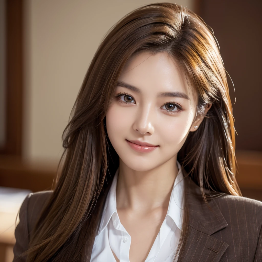 table top, highest quality, realistic, Super detailed, finely, High resolution, 8k wallpaper, 1 beautiful woman,, light brown messy hair, wearing a business suit, sharp focus, perfect dynamic composition, beautiful and detailed eyes, thin hair, Detailed realistic skin texture, smile, close-up portrait, model body shape