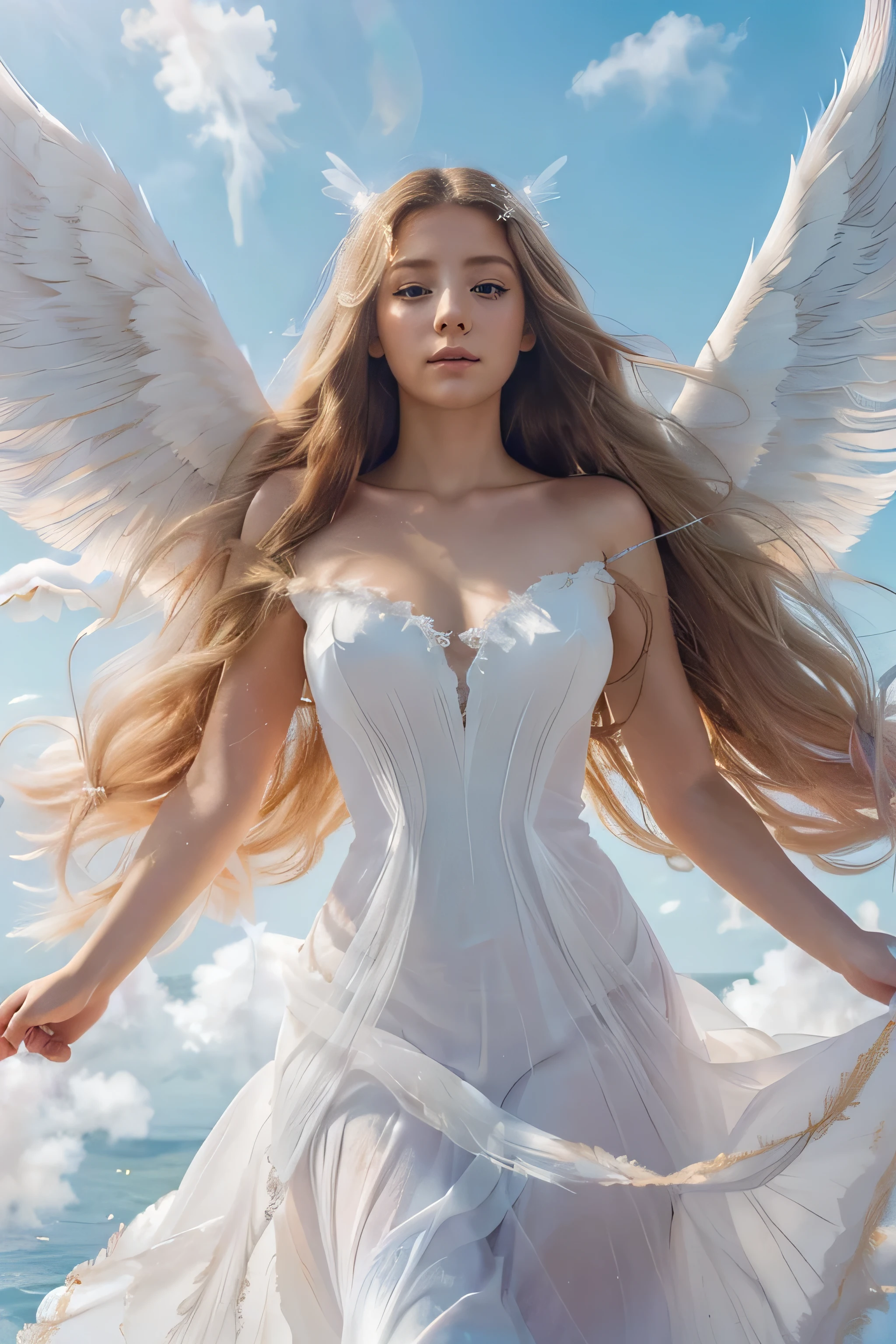 (masterpiece, high resolution, ethereal:1.2), breathtaking young woman, (long flowing golden hair:1.2), sparkling sapphire eyes, (angelic wings:1.3), iridescent feathers, (graceful white gown:1.1), soaring through the endless sky, (cotton candy clouds:1.2), radiant sunlight, (soft pastel colors:1.1), serene expression, arms outstretched, (wind-blown hair:1.2), dynamic composition, looking upwards, sense of
freedom and tranquility, whimsical atmosphere.