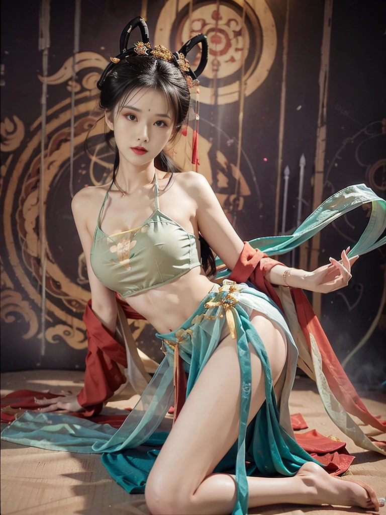 Wide_opened lips, cute smile, cinematic photo (art by Mathias Goeritz:0.9) , photograph, from top, (Quite a bit body), the young beautiful Asian face of Japanese girl, age 23yo, seductive expression ancestral dance, glowing skin, wetting long straight hair, 34 inch breasts size, nice cleavage, bulge nipples, nice abdominal muscles, big thighs, soaking (dunhuang_dress, dudou, chinese camisole,), naked pantie, spread legs kneeling, lean back, on emerald brook, dunhuang_background , tilt shift, bokeh, summer lighting, film grain, Leica M6, F/1.8, (cinematic still:1.2), freckles, 35mm photograph film, professional 4k highly detailed, perfect fingers ,Extremely Realistic, UHD,