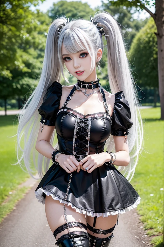 sexy stylish Swedish model, only 1 female, ((doll-like appearance)), long multicolor stylish hair, ((shiny Punk-Style boots)), (big smile), ultra detailed eyes, detailed makeup, lipgloss, ((sexy Punk Lolita cosplay)), unconventional skirt, petticoats, high neckline, ((ultra detailed lace)), ((ultra detailed embroidery)), intricate details, tartan patterns, ((silver chains)), ((silver spikes)), ((safety pins)), Punk Lolita accessoires, Punk Lolita choker, ((large sparkling Punk Lolita jewelry)), cinematic light, detailed large park background with trees 
