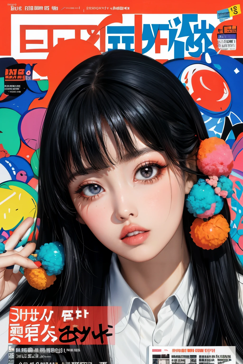 (best quality,highres:1.2),Ultra-detailed magazine cover design poster with strong visual effects UHD graffiti art,ink splatter,wilderness,splash ink painting,Abstract,rich and colorful,vague dream,dynamic energy,publish creation,visual impact,modern aesthetics,Elegant and simple,Contemporary interpretation,Bold,Chinese Kung Fu A figurine-style dynamic scene,dynamic poses”(Dynamic poses)、“dramatic lighting”(Dramatic lighting effects)和“vibrant colors”(Bright colors)。,(realistic,photorealistic:1.37),(magazine cover:1.3),painting,pastel color,natural shading,depth,focus on face,face only,looking at viewer,long hair,hair accessory,black hair,brown and well detailed eyes,lip gloss,elegant dress.