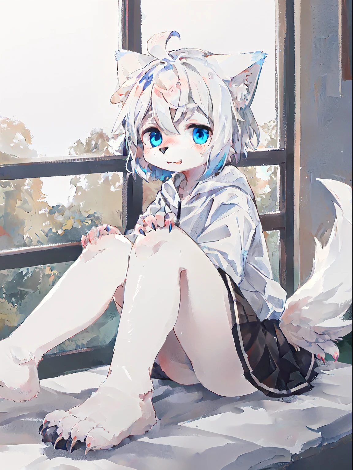 A cute and delicate furry male with white fur and hair everywhere, blue eyes, white fur everywhere, hands and legs with dog like claws, short nails, and a long furry tail