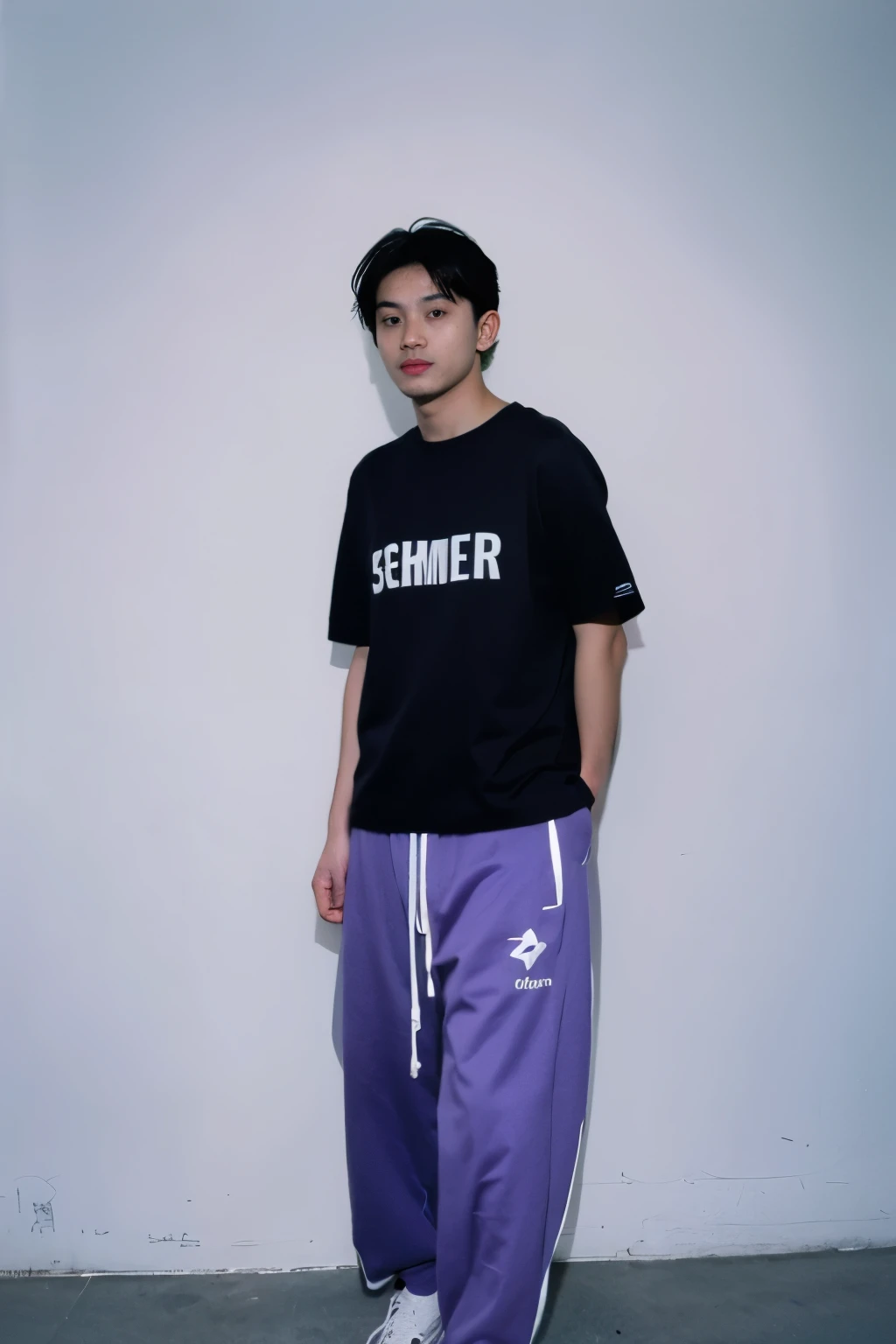 a BOY HANDSOME wearing a black shirt with a blue logo on it, official product image, official product photo, 2 techwear MAN, trending on r/streetwear, cybertech wear, FULL BODY SHOT, WITH WHITE BACKGROUND AT STUDIO, WITH PURPLE LIGHTING, WEARING BAGGY PANTS, trending on r/techwearclothing, wearing cyberpunk streetwear, HE is wearing streetwear, wearing space techwear, casual black clothing, official, black t shirt, MAN in streetwear