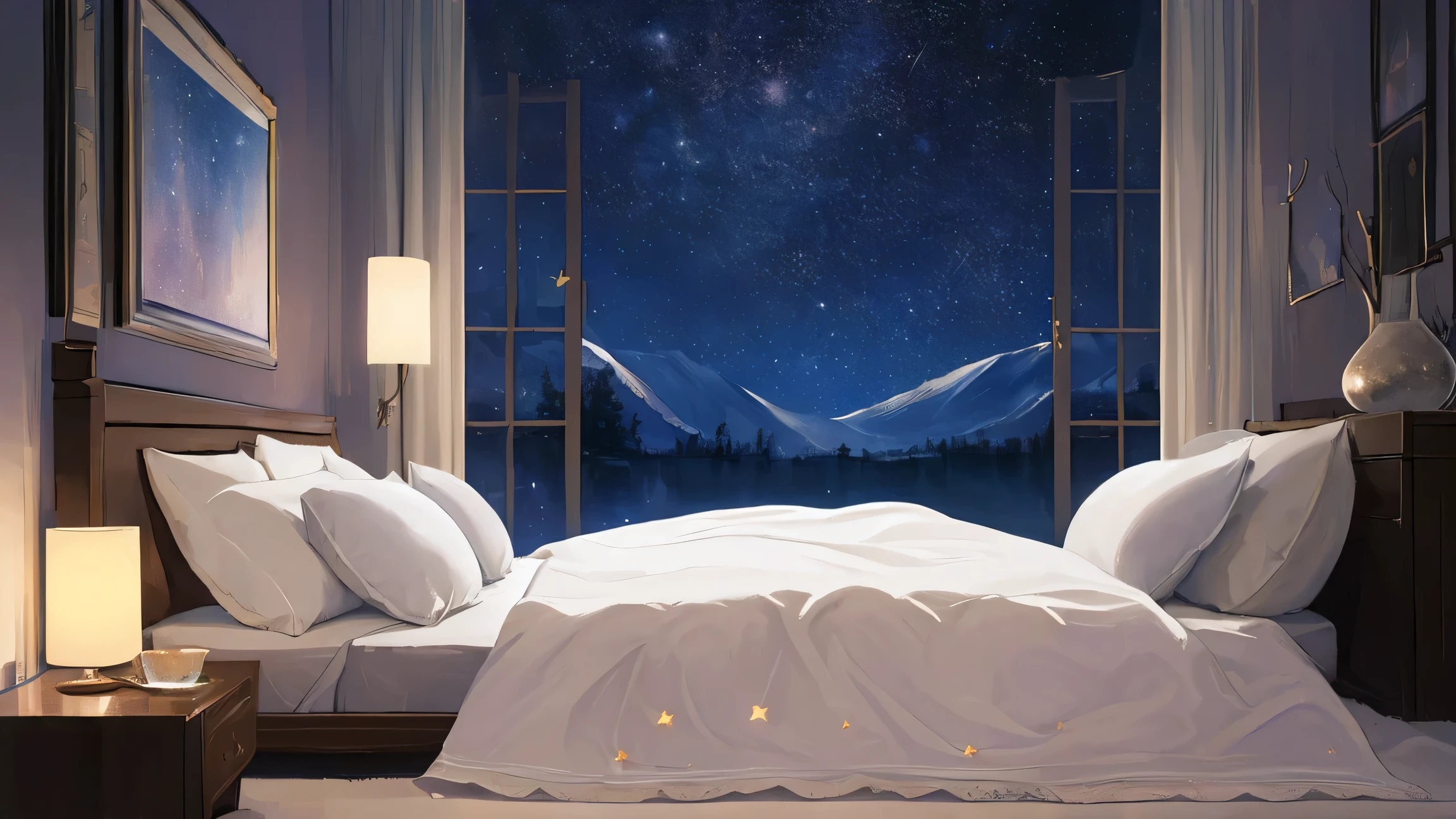 (a peaceful dream,nighttime serenity,calmness,restful sleep),(best quality,ultra-detailed,photorealistic),(painting),(stars shining,gentle moonlight),(soft pillow,comfortable bed,dreamy atmosphere),(tranquility,luxurious sleep),(peaceful and serene),(subtle colors,dark and warm tones),(soft and diffused lighting good