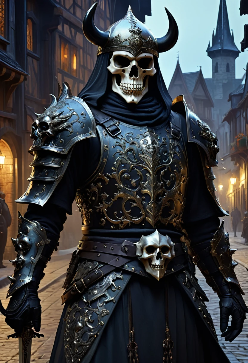 20 year old,1 boy,male,intricately carved skull helmet, intricately carved sword, black armored,intricately carved skull armored, demon aura, dark aura,modelshoot style, extremely detailed CG unity 8k wallpaper, full shot body photo of the most beautiful in the world,Medieval town,professional majestic  by Ed Blinkey, Atey Ghailan, by Jeremy Mann, Greg Manchess, Antonio Moro, Intricate, High Detail, Sharp focus, dramatic, photorealistic  by midjourney and greg rutkowski,incredibly absurdres, ultra detailed, high resolution, realistic lighting, photorealism, hyperrealism,masterpiece,vibrant colors,stunning visuals,ultra skin texsture,stable diffusion,perfect anatomy,crazy details,Medieval town background