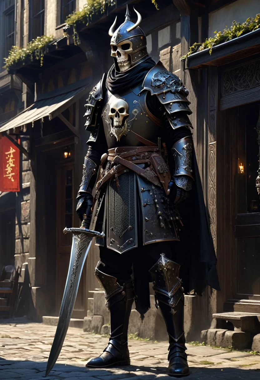 20 year old,1 boy,male,intricately carved skull helmet, intricately carved sword, black armored,intricately carved skull armored, demon aura, dark aura,modelshoot style, extremely detailed CG unity 8k wallpaper, full shot body photo of the most beautiful in the world,Medieval town,professional majestic by Ed Blinkey, Atey Ghailan, by Jeremy Mann, Greg Manchess, Antonio Moro, Intricate, High Detail, Sharp focus, dramatic, photorealistic by midjourney and greg rutkowski,incredibly absurdres, ultra detailed, high resolution, realistic lighting, photorealism, hyperrealism,masterpiece,vibrant colors,stunning visuals,ultra skin texsture,stable diffusion,perfect anatomy,crazy details,Medieval town background