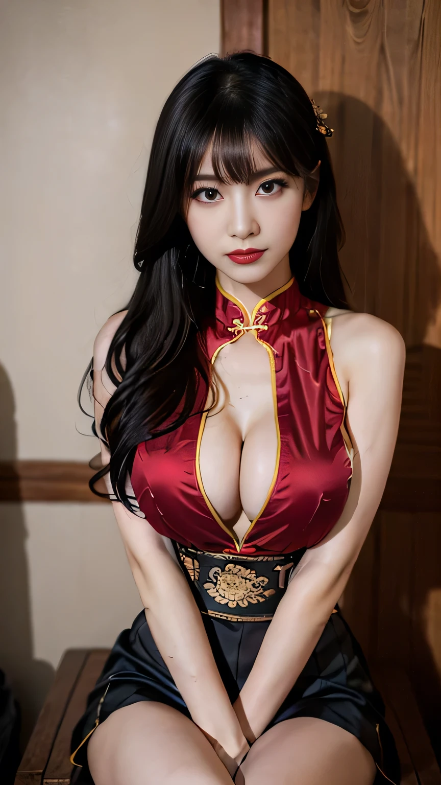 Ultra-detailed、Chinese hanfu、attractive beauty、skinny seductive college  girl、piercing eyes、cool girl、long black hair with bangs、thin body, wide sleeves、black and golden qipao、Evil cadres、evil depravity、brainwash、mind control、apply lipstick、slender, smirk、Evil expression、evil、empty eyes、evil、outside dilapidated building、contrapposto、vampire、vampire、Hypnosis、brainwashing、makeup brush, large breasts, breasts pushing out with erect nipples, thin woman,  sticking breasts out, pushing breasts forward, emphasis of breasts, short, cute, busty, sitting with crossed legs and black pantyhose with red high heels, seductive mistress, cute, red lipstick, beautiful, squeezing breasts together with arms, wearing thin silk cheongsam, hands between thighs, Oriental clothing, perfect perky breasts, black bangs , tight clothing, cleavage cleavage cleavage, long black hair with bangs, wide red belt pushing breasts up, Chinese hair ornaments