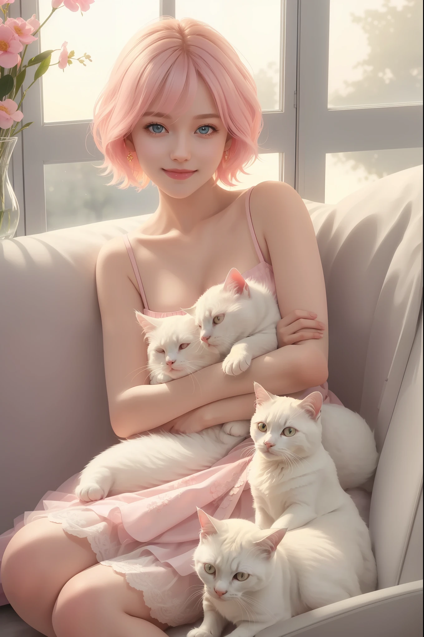 A girl with short hair, gentle eyes, smiling, holding a white cat, cat is white, opened eyes, serene, girl wearing a pink dress, sitting by the window, sunset outside, warm, soft light, (best quality, 4k, 8k, highres, masterpiece:1.2), ultra-detailed, (photorealistic:1.37), studio lighting, vivid colors, portraits, pastel tones, warm lighting