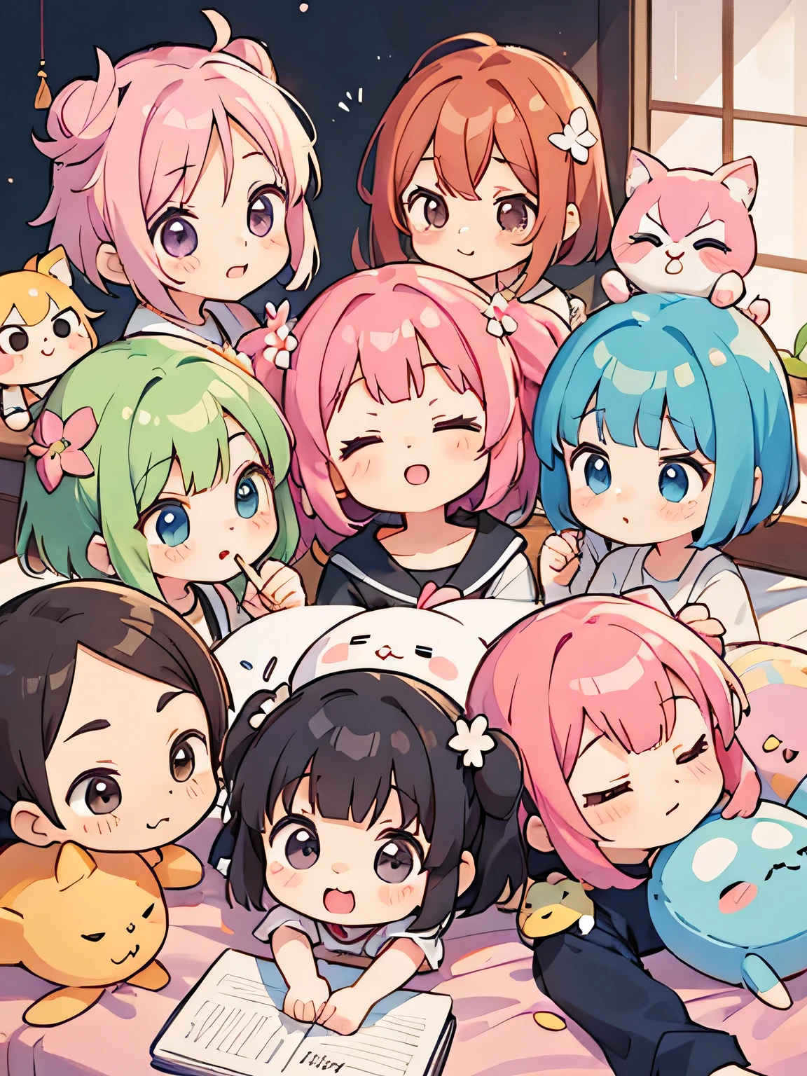 Momoko Sakura style, Kawaii Design, (((10 people)))、most beautiful girl ever、Chibi, Colorful bob hair、((Lots of friends))、Family nap、