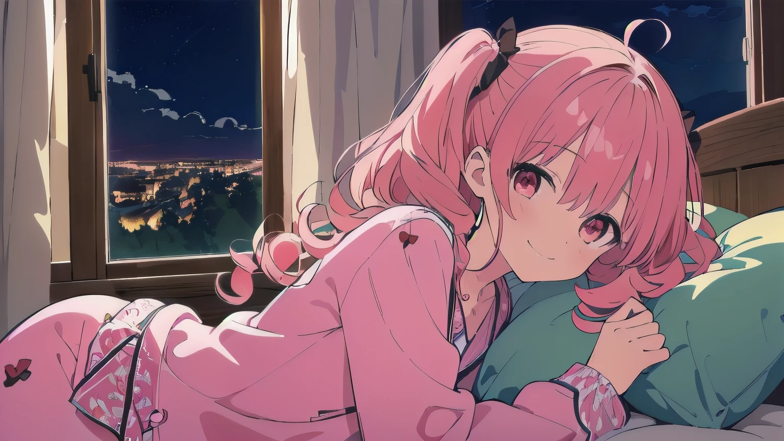 Very detailed, Detailed Background,　(highest quality, masterpiece, High resolution), One girl,　Demure,　(Curly Hair:1.4), Twin tails, smile,　 Mid-chest, Pink Hair,  Upper Body, pajamas,　long hair、　(night:1.4)、I can see the grassland from the window,　Dimly lit room, Co-sleeping style,　