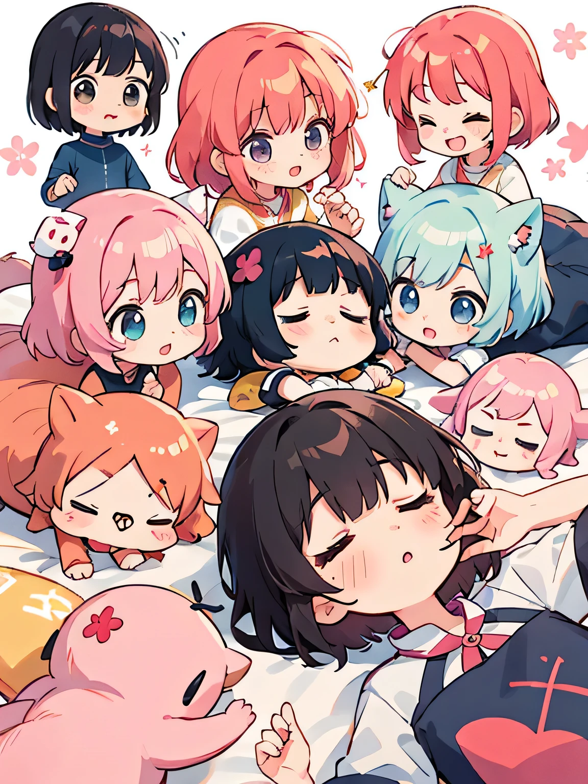 Momoko Sakura style, Kawaii Design, (((10 people)))、most beautiful girl ever、Chibi, Colorful bob hair、((Lots of friends))、Family nap、