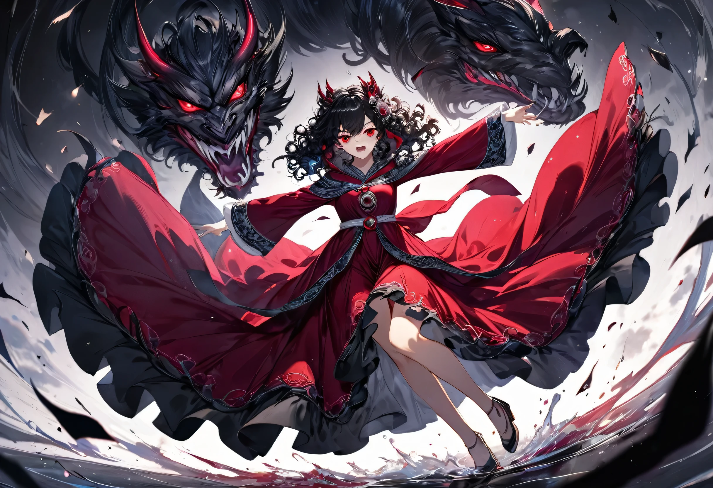 (solo curly:1.2 black hair long hair evil princess girl, detailed evil:1.4 red eyes, angry:1.6 face), (open arms, Summoned many Beast), (in a evil Goddess robe), BREAK, (float in the darkness), (master piece, best quality, 16k).