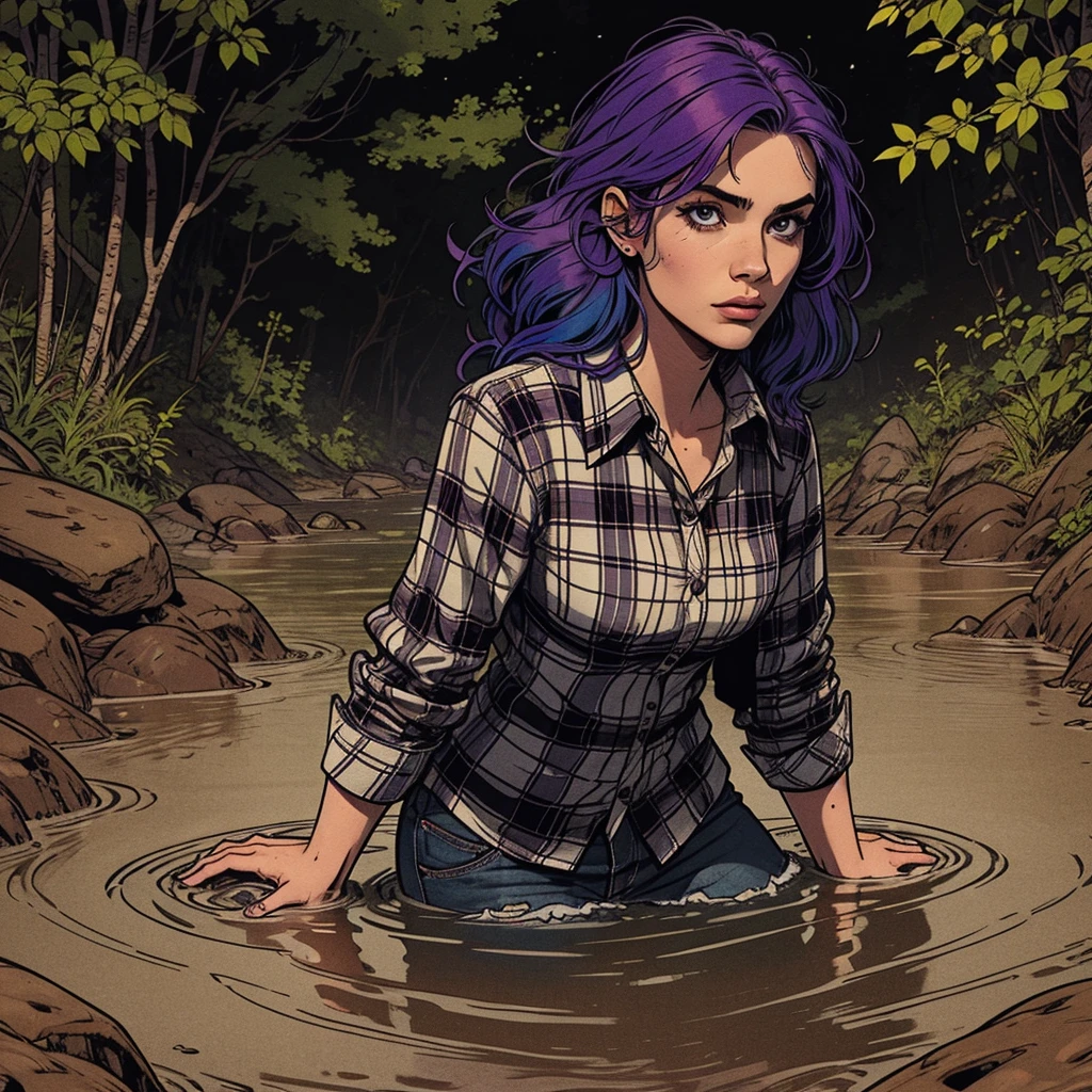 colored hair, young feminine facial features, flannel shirt, drowned in quicksand,