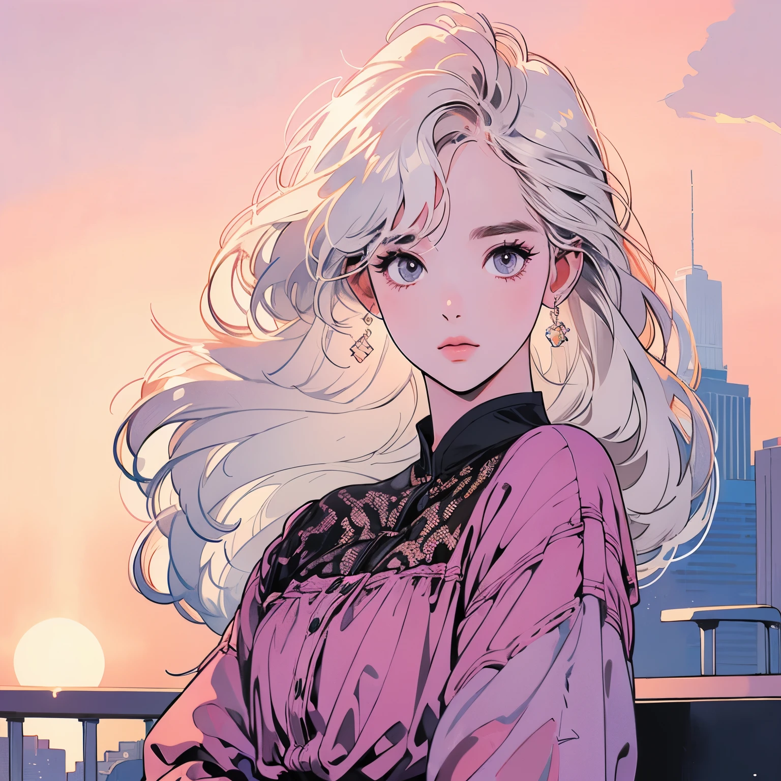 whole body、Kind Face、1 pretty woman、blouse、Rooftop、skyscraper、Large space、Sunset、Complex background、Detailed Hair、White Hair、Faint lighting