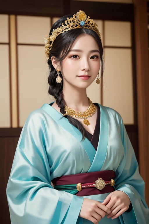 Create a beautiful image of Himiko, the ancient Japanese queen, with the following features:
Clothing:
Traditional Japanese attire: Luxurious and elaborate garments reminiscent of ancient Japanese nobility, such as kimonos and hakama embroidered with silk and gold threads.
Accessories: Gold and jade ornaments, including headpieces, earrings, and necklaces.
Hairstyle:
Ancient-style hair: Long black hair styled in updos or braids. Adding hair ornaments will enhance her regal appearance.
Headpieces: Crowns or floral decorations.
Facial Features:
Intelligent and dignified expression with a gentle smile, showing warmth and kindness.
Makeup: Subtle makeup to highlight her pure and natural beauty.
Background:
Mystical scenery: A misty forest or an ancient temple, evoking a sense of mystery and historical depth.
Ritualistic or ceremonial settings: Scenes that depict her role as a priestess.
Pose:
Facing forward with a gentle smile, exuding confidence and warmth.
Regal stance: Sitting on a throne or in a prayerful position.
Color Palette:
Traditional colors: Crimson, gold, white, and other noble colors of ancient Japan.
Natural colors: Greens and blues to harmonize with nature.
Props:
Sacred items: Mirrors, magatama (curved jewels), and other ceremonial objects.
Animals: Include animals symbolizing ancient myths, such as cranes or turtles, to enhance the mystical atmosphere.
These features combined will create a beautiful and culturally rich image of Himiko, smiling and facing forward.