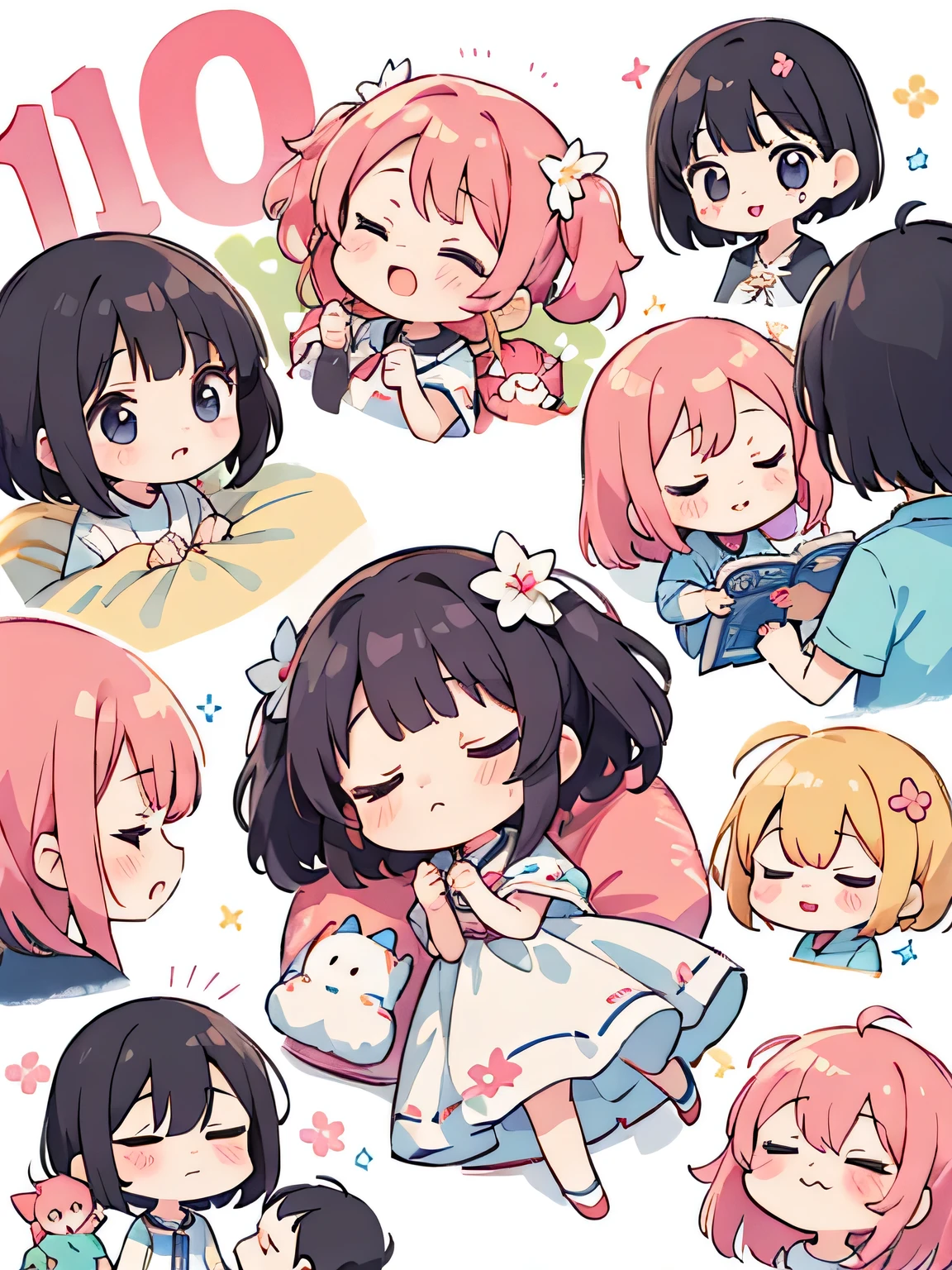 Momoko Sakura style, Kawaii Design, (((10 people)))、most beautiful girl ever、Chibi, Colorful bob hair、((Lots of friends))、Family nap、