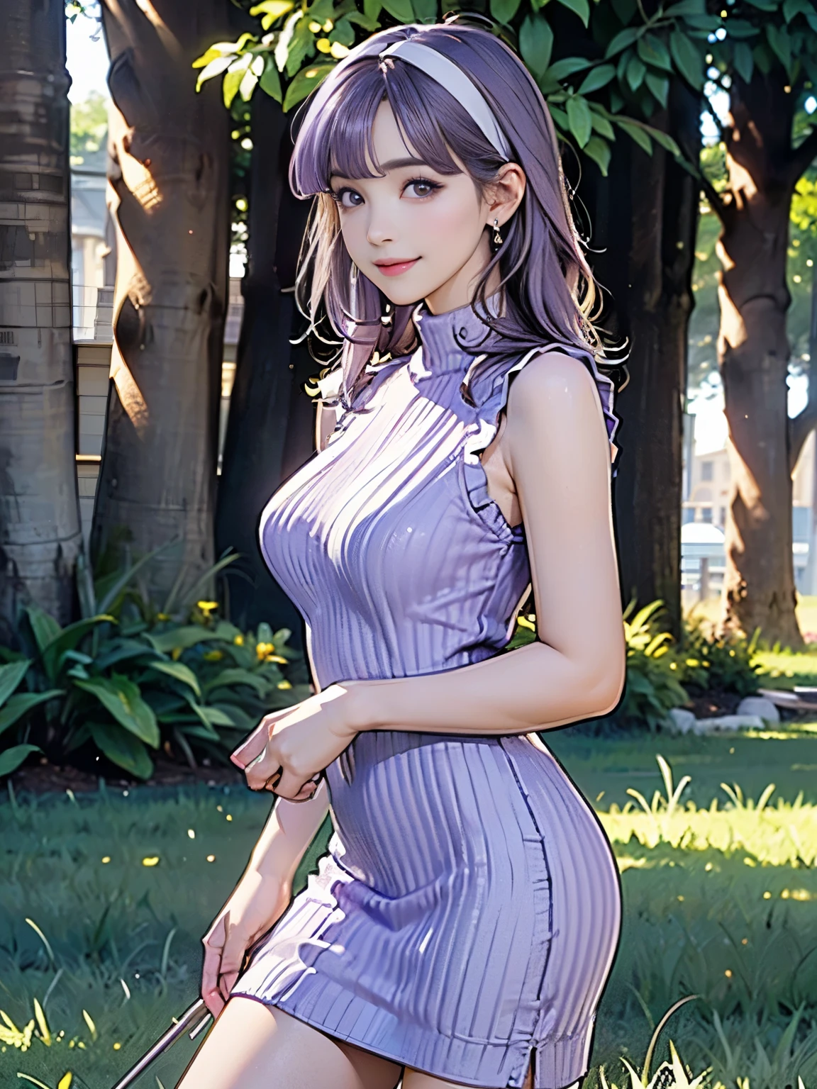 ((((highest quality))))、(((Ultra-precision CG16K wallpaper)))、(((masterpiece)))、(((Super detailed)))、(((Extreme detail)))、((1Mature 29 year old woman:1.6))、((Very beautiful Japanese faces))、((Zuo々Nozomi:1.5))、((Straight medium hair、blunt bangs:1.5))、((Shiny light blue hair:1.5))、Beautiful delicate eyes、Brown Eyes、eyeliner、Eyeshadow、High nose、Small nostrils、Small Mouth、Seductive lips、Beautiful breasts、((C cup size breasts))、Beautiful feet、eight-headed body、Perfect proportions、Perfect Anatomy、Perfect composition、Beautiful detailed shading、Beautiful, natural lighting、Beautiful detail glow、Depth of written boundary、(((High chroma)))、(((Real:1.9)))、((vivid:1.5))、((Beautiful Skin))、((Skin Texture))、((Realな皮膚感))、(((Cowboy Shot:1.6)))、((front view、shoot from front、Front low angle:1.6))、(((smile:1.5)))、((The woman is looking at this、looking at viewer、Facing forward:1.6))、Bright daylight、Natural light、(((Grass Square、Trees:1.3)))、(Walking Pose:1.6)、(((Beige high neck sleeveless ribbed knit dress:1.6)))、((Headband、Wearing earrings:1.3))、((Knee socks clothing:1.3))、