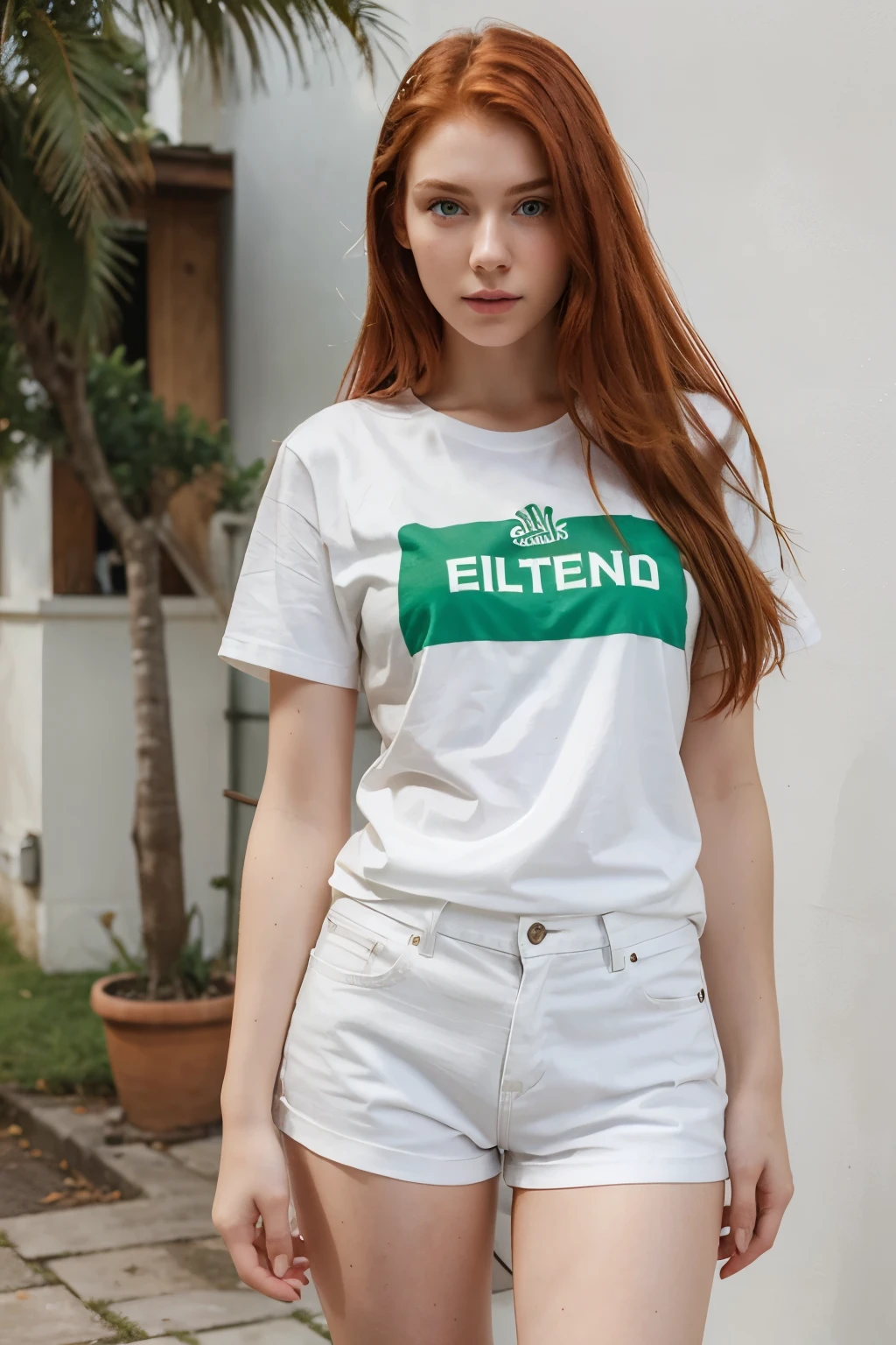 Realistic 19 year old woman with long red hair green eyes white skin tall wearing a white short t-shirt