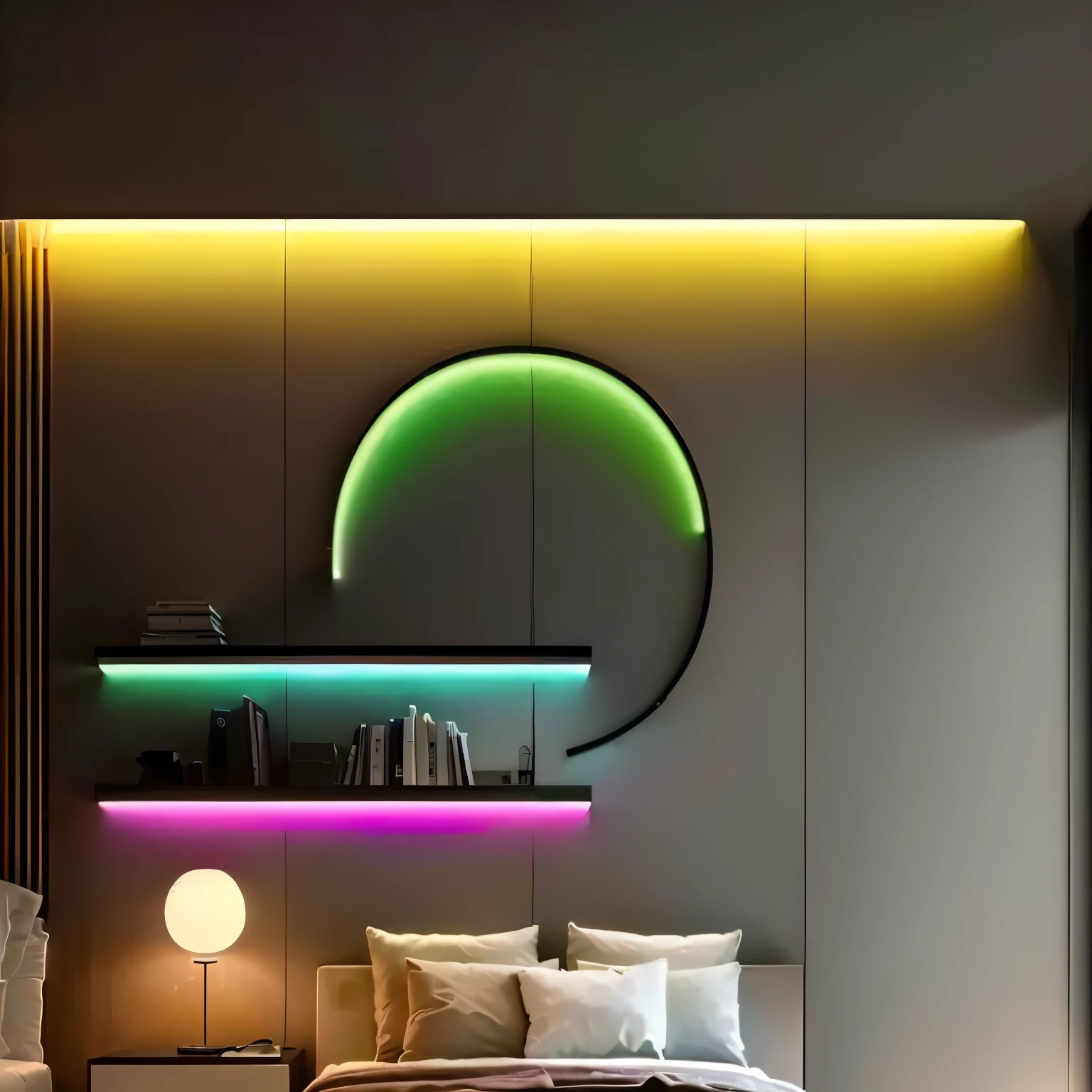 a close up of a bed with a book shelf and a lamp, rgb wall light, neon accent lights, neon ambient lighting, led light strips, soft neon lighting, with neon lighting, neon lights in background, cheerful ambient lighting, colored lighting, soft neon lights, oled lights in corners, colorful lighting, beautiful ambient light, artificial neon light, mysterious ambient lighting