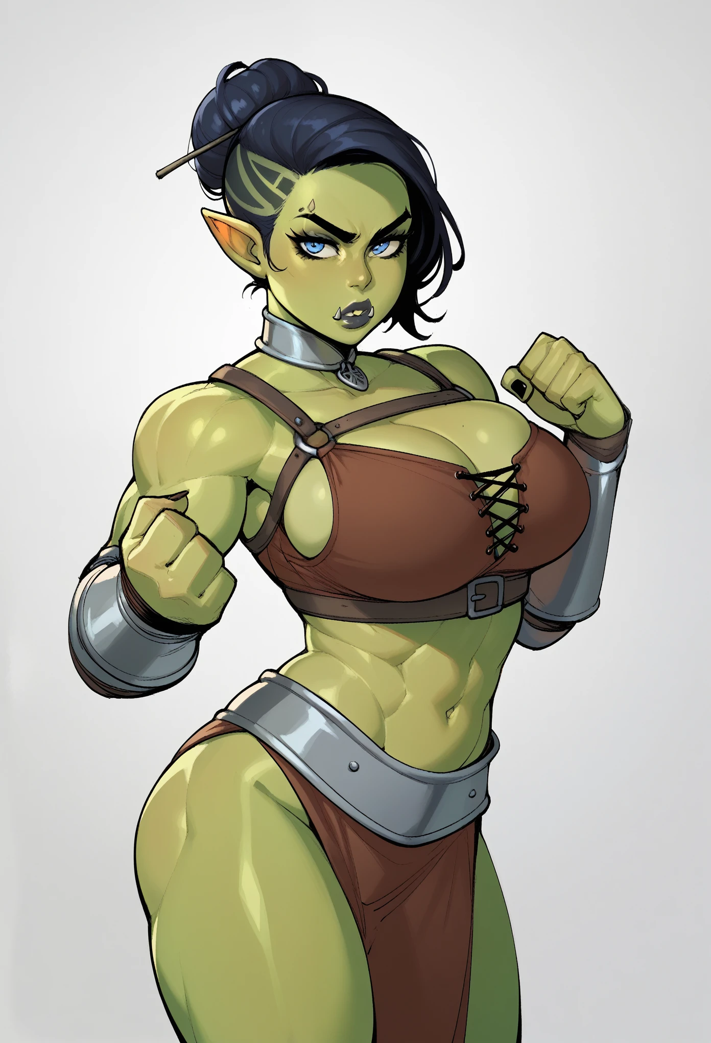 score_9, score_8_up, score_7_up, score_6_up, score_5_up, score_4_up, BREAK 1girl, orc, blue eyes, thick lips, long eyelashes, scowl expression, standing, green skin, muscular, adult, harsh lighting, BREAK solo, large breasts, adult, skinny, arched back, thigh gap, medieval outfit, BREAK (simple background:1.2), simple background, dynamic pose
