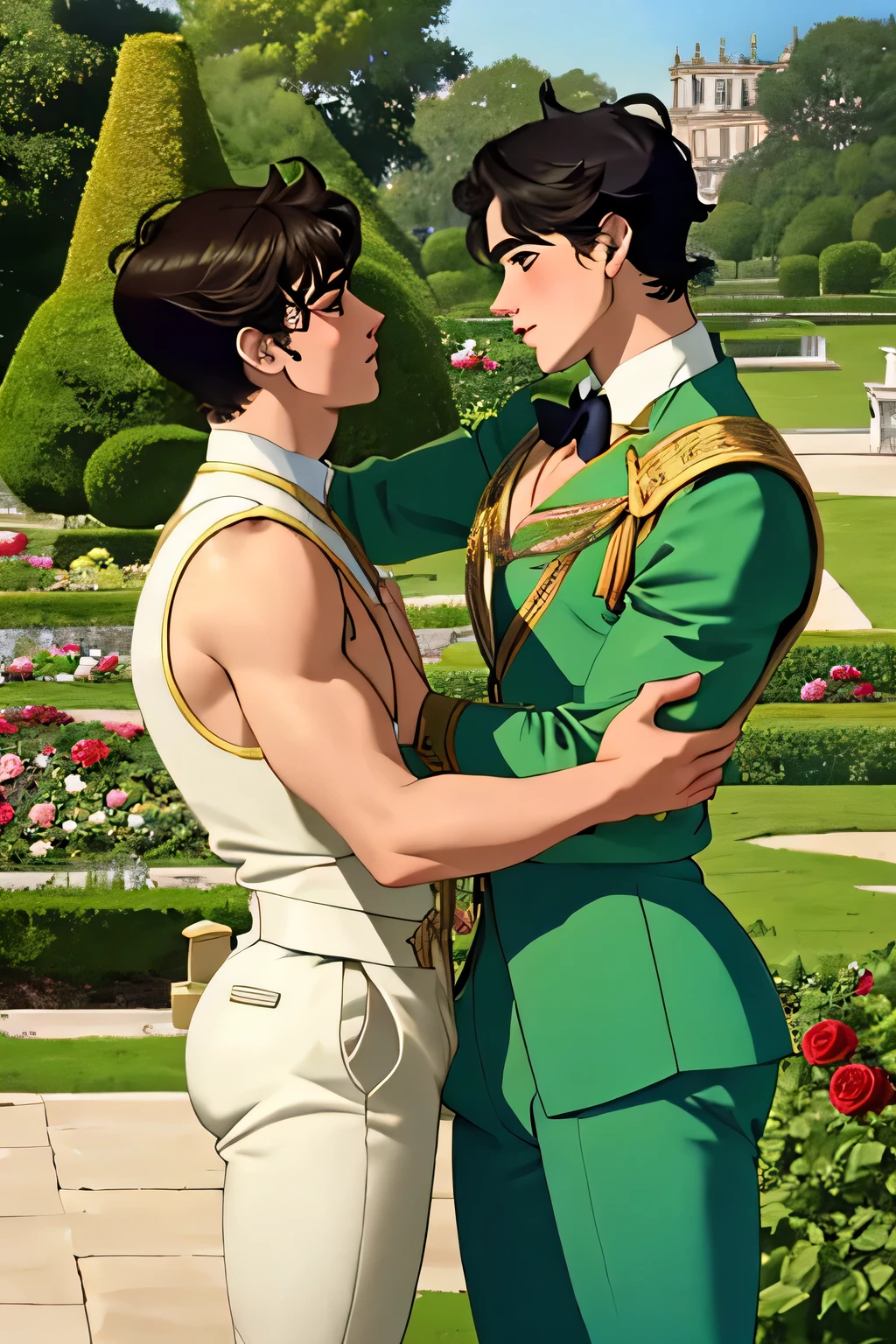 Romantic scene two young men kissing, Romantic scene two young men kissing, rose garden, imposing garden, baroque garden, Versailles, Europe, euroboy, European boy, handsome, boy, gay, cinematographic, bright, strong jaw, toned body, Greek face, handsome boy