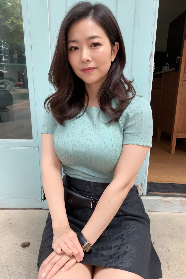 (top-quality, masterpiece,photo realistic,ultra-detailed,Textured skin:1.2),from above, break (Place both hands on your knees),(bend forward at the waist),((leaning your upper body down)),1 girl,
break (mini skirt),(shirts),
break (japanese mature woman),(45 years old),
break (natural hair style),natural eyeblow,smile,