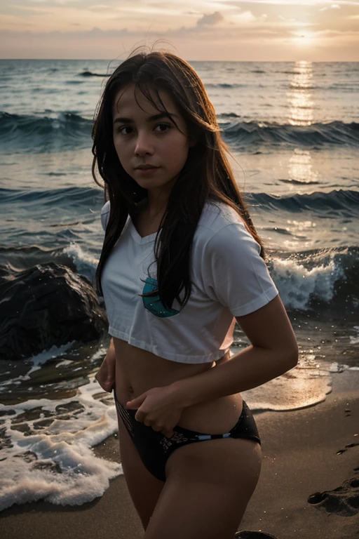 Girl on the shore, against the backdrop of the evening Pacific Ocean, where do dolphins dive