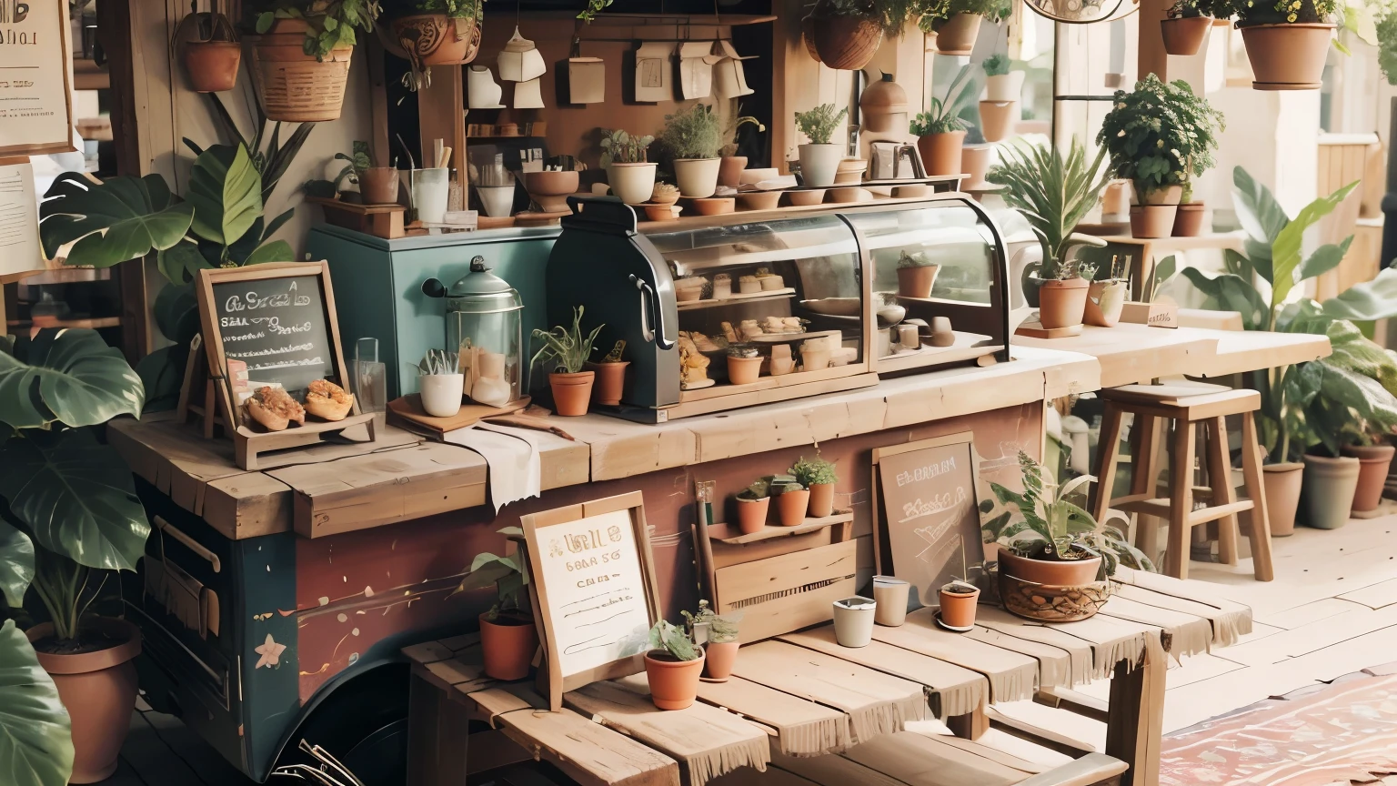 bohoai coffee cart, pastries, plants, coffee, extremely detailed