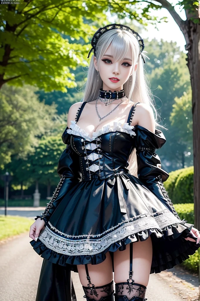 sexy stylish Swedish model, only 1 female, ((doll-like appearance)), long multicolor stylish hair, ((shiny Punk-Style boots)), (big smile), ultra detailed eyes, detailed makeup, lipgloss, ((sexy Punk Lolita cosplay)), unconventional skirt, petticoats, high neckline, ((ultra detailed lace)), ((ultra detailed embroidery)), intricate details, tartan patterns, (silver chains), (silver spikes), (safety pins), Punk Lolita accessoires, Punk Lolita choker, ((large sparkling Punk Lolita jewelry)), cinematic light, detailed large park background with trees