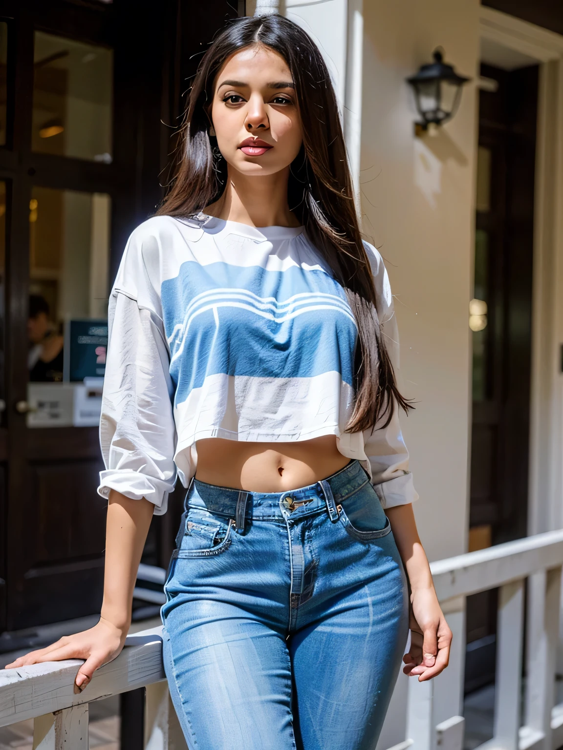 24 Years Lightskinned Punjabi Girl, slim_face, 5'11 tall, wearing colorful tie-die shirt, bell bottom flared jeans, long hair, ultra realistic texture, ultra realistic portrait, photorealistic, extremely realistic, photo r3al masterpiece, 85mm lenses, more detail XL, supermodel build, realistic hands