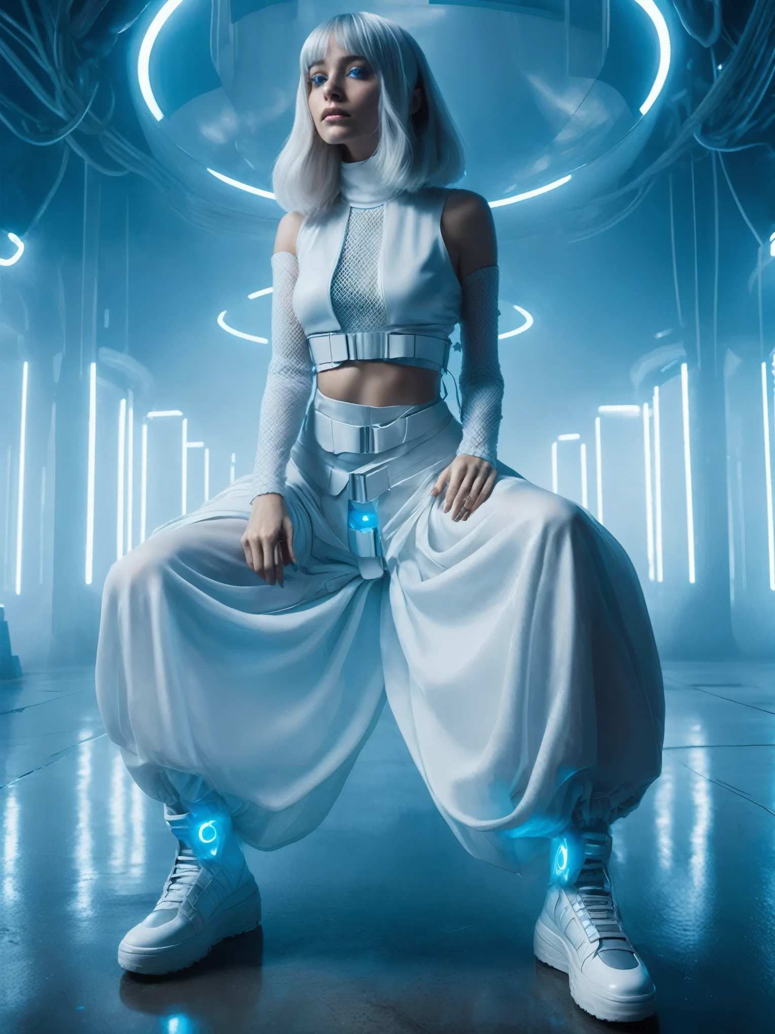 masterpiece, Best Quality, Realistic, In the dimly lit colony shrouded in white mist, she jumping as a solitary fashion model. She is standing in a cyber-themed outfit centered around the color white. She wears a high-neck, sleeveless top paired with a maxi skirt with a round silhouette, from which a large balloon extends at the waist. Neon-lit harnesses are connected to her outfit, creating a futuristic atmosphere.
With her silver hair and blue glowing eyes, she completes her look with high-cut sneakers accented with neon. Captured from a side angle, she sits and gazes ahead with a somewhat melancholic expression, hyper small head and face, wide Duck mouth, half open mouth, perfectly aligned teeth, perfect beautiful teeth, light blue eyes, half open eyes, shiny Droopy eyes, gray hair, looking other, She is situated within the interior of a futuristic colony, with mist drifting and steam rising from concrete