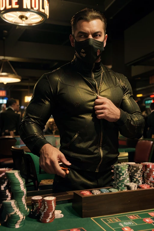 (Best quality, Ultra detailed, Golden ratio, Masterpiece:1.2), High dynamic range (HDR), Comic book-inspired colors, urban setting, New York City, iconic skyline, busy street, neon lights, high stakes casino, Spider-Man, web-slinging costume, masked, muscular physique, Detailed textures, intricate web designs, intense concentration, poker chips in hand, gambling, green suit, red lining, pointy-toed boots, menacing casino boss, sinister expression, smoke-filled room, high-resolution (4K), dramatic lighting, theatrically lit, atmospheric shadows, film grain