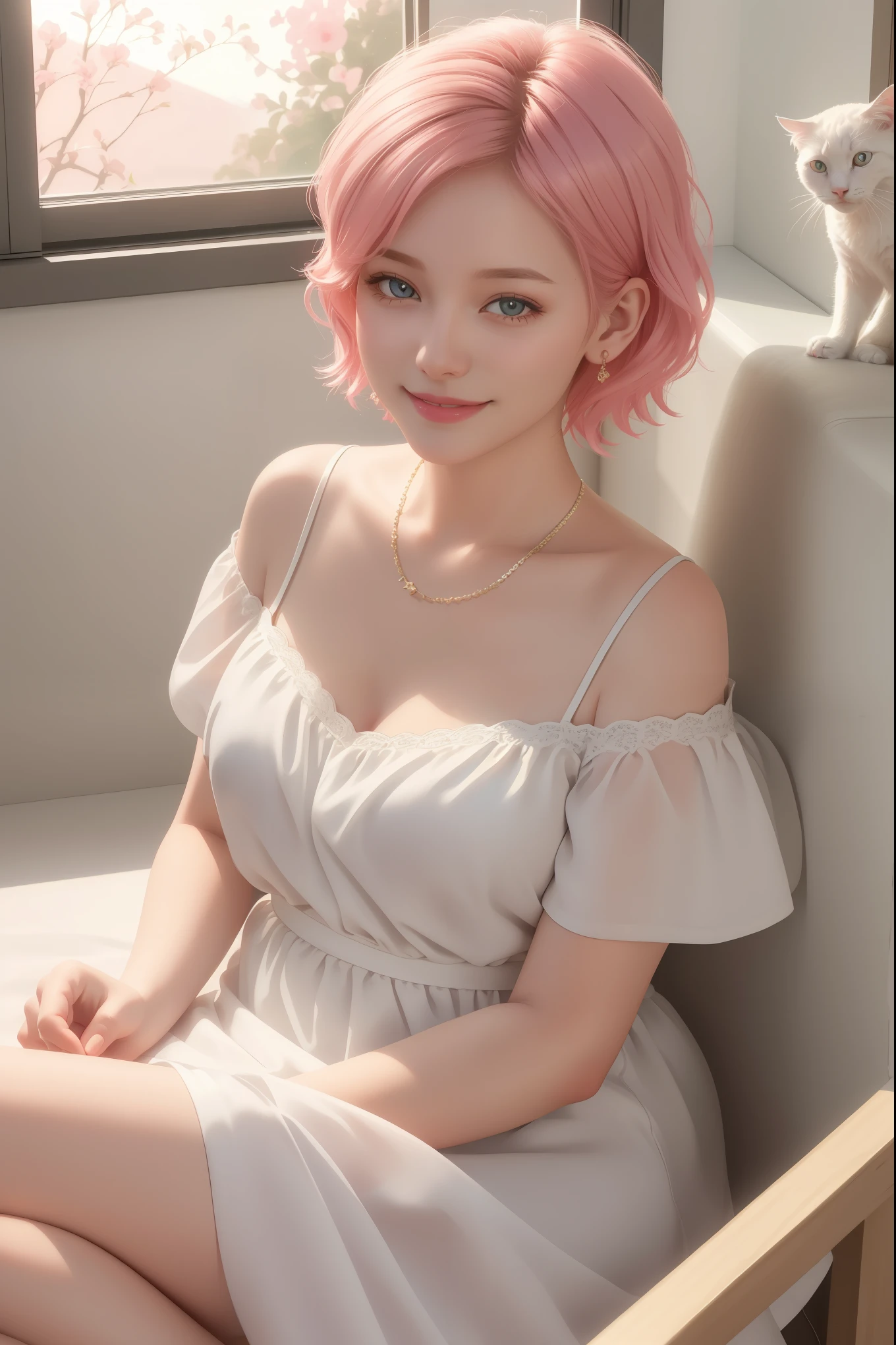 A girl with short hair, gentle eyes, smiling, holding a white cat, cat is white, opened eyes, serene, girl wearing a pink dress, sitting by the window, sunset outside, warm, soft light, (best quality, 4k, 8k, highres, masterpiece:1.2), ultra-detailed, (photorealistic:1.37), studio lighting, vivid colors, portraits, pastel tones, warm lighting