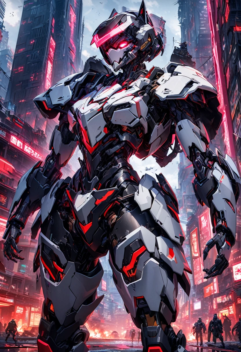 High quality, high definition, high precision images,16k wallpaper,one cyborg cat cyborg style
whole body cyborg mech white and black mechanical armor、A robot-like helmet on the head,red neon light from armor、pounce,Belly is also mechanical armor、Futuristic ruined city background