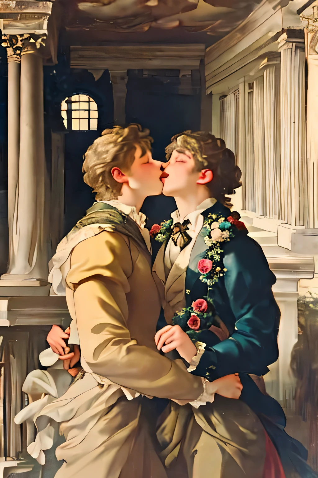 Romantic scene two young men kissing, Romantic scene two young men kissing, rose garden, imposing garden, baroque garden, Versailles, Europe, euroboy, European boy, handsome, boy, gay, cinematographic, bright, strong jaw, toned body, Greek face, handsome boy