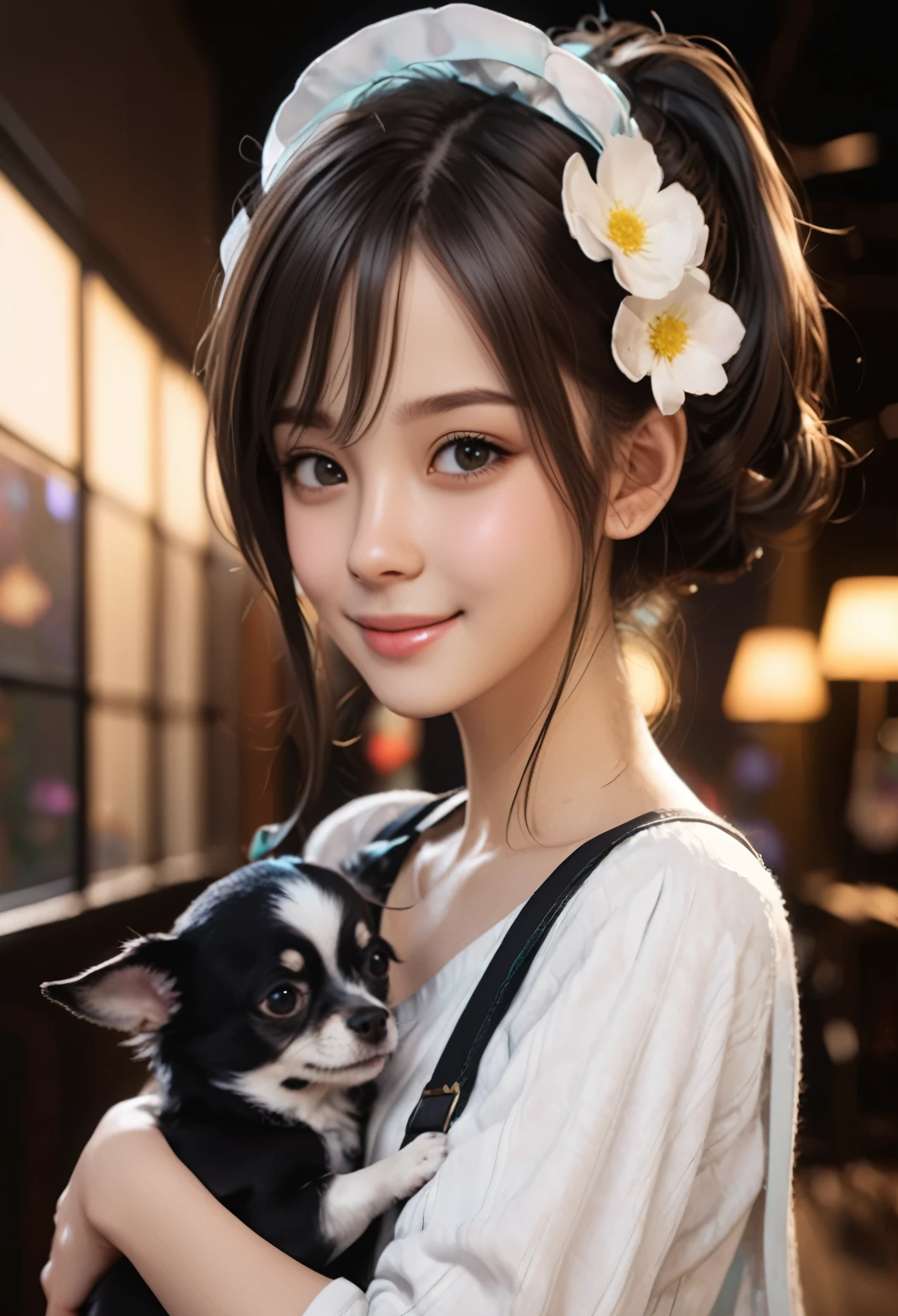 Girl holding a puppy,Chihuahua puppy ,Light brown hair, Floating Hair, Cloud hair, ribbon, Flowers on the head, Aqua Eye, smile, light smile, Grin, Lips parted, High detail, Modern, anime, Romanticism, Cinema Lighting, Ray Tracing, God's Rays, Halftone, Ultra-high resolution, retina, masterpiece, Collect and organize, Anatomically correct, Textured skin, Super detailed, High details, high quality, Awards, 最high quality, 8k
